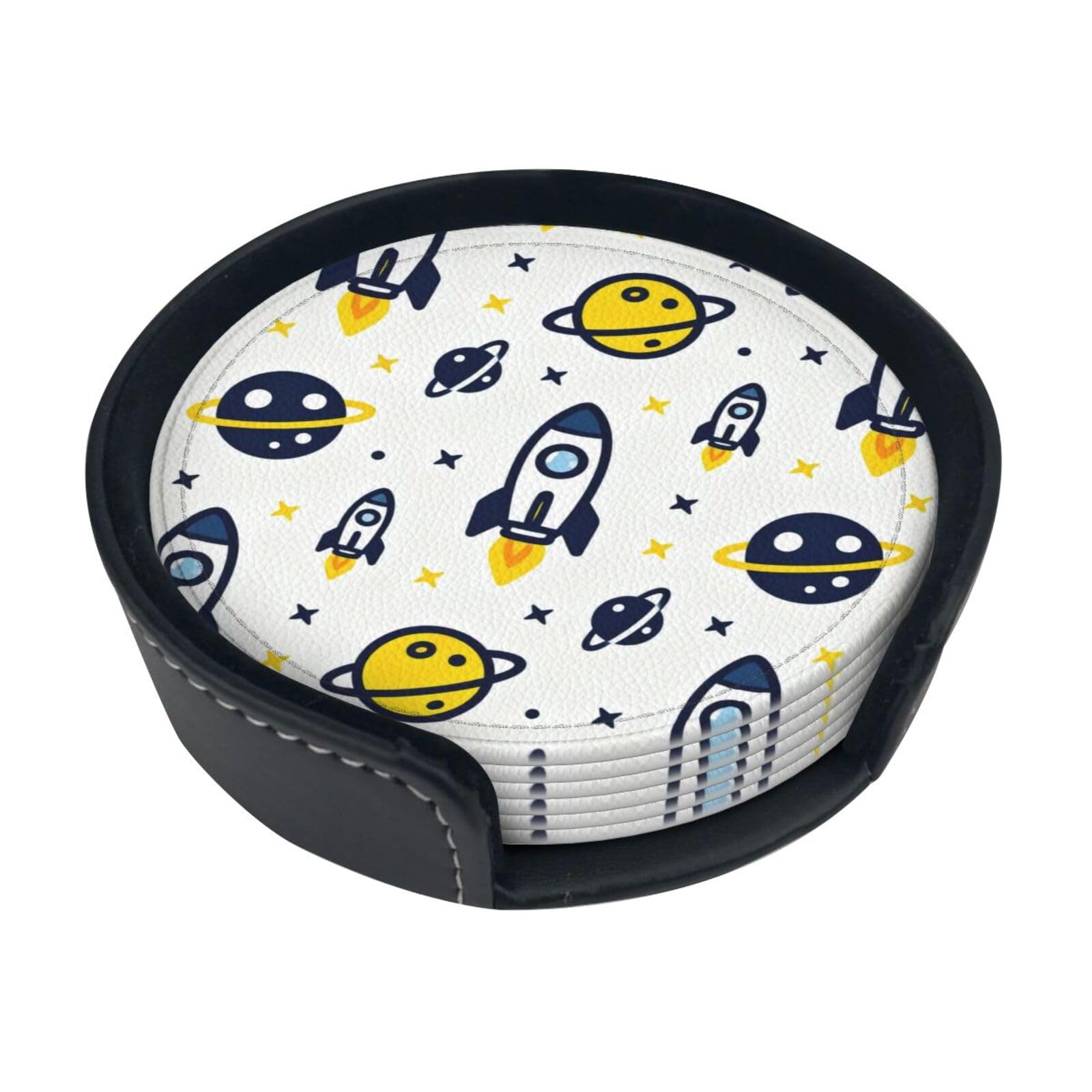 Cntdbu White Rockets Leather Coasters Set Of 6-Pu Leather Drink Mats For Table, Heat Resistant Round Coasters With Holder