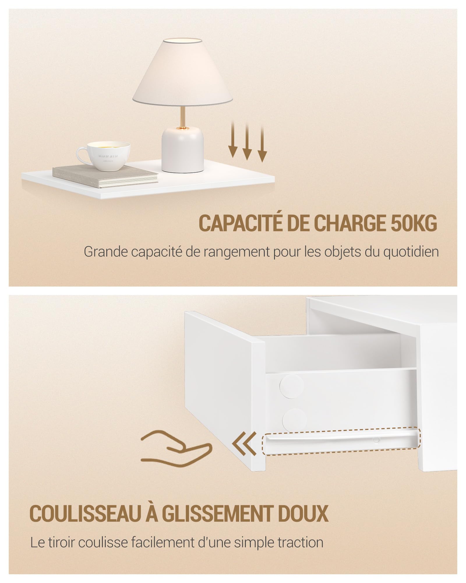 Hzuaneri Table de Chevet Suspendue Lot de 2, Table de Nuit Suspendue LED, Tables de Chevet Murale avec 1 Tiroir Coulissant avec Espace Ouvert, Moderne, pour Chambre à Coucher, Salon, Blanc NS50403XEU