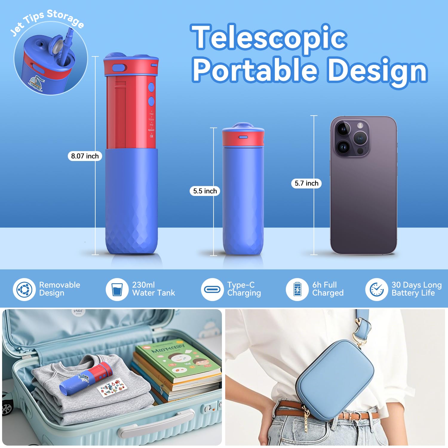 JTF Hydropulseur dentaire pour enfants : Irrigateur buccal portable rechargeable avec 4 modes de fil dentaire, réservoir de 230 ml, 4 embouts de sac de voyage, autocollants étanches, fils dentaires