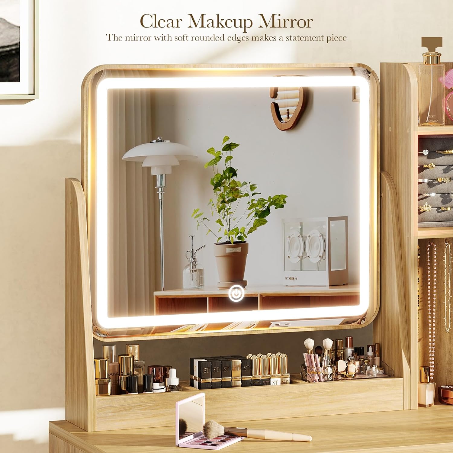 Fluted Vanity Desk with Mirror and Lights, Small Makeup Vanity with 2 Drawers and Jewelry Storage Cabinet, 3 Lighting Modes Adjustable Brightness, Dressing Table for Bedroom - Natural Oak