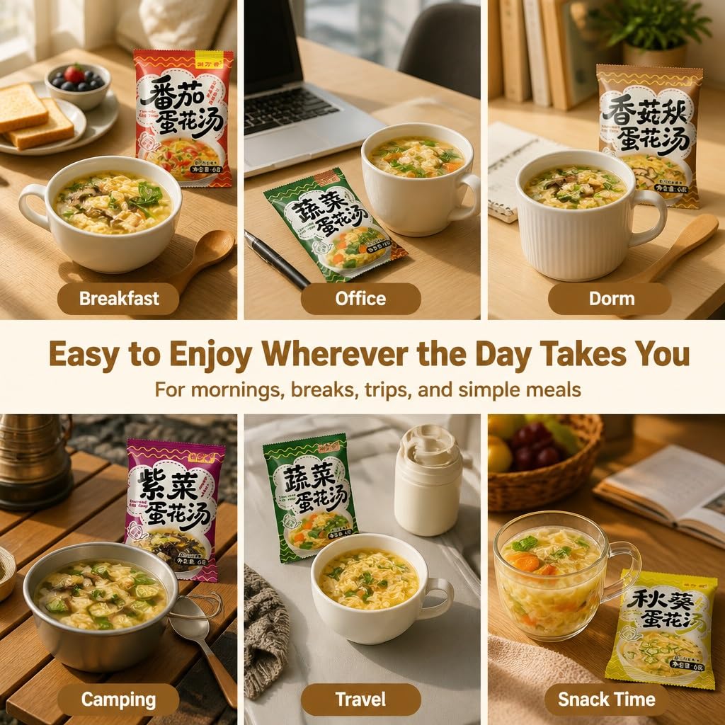 Paquet De 25 Mélanges Soupe Instantanés : Aux Œufs 5 Saveurs, Petit-déjeuner Rapide, Camping, Portions Faciles