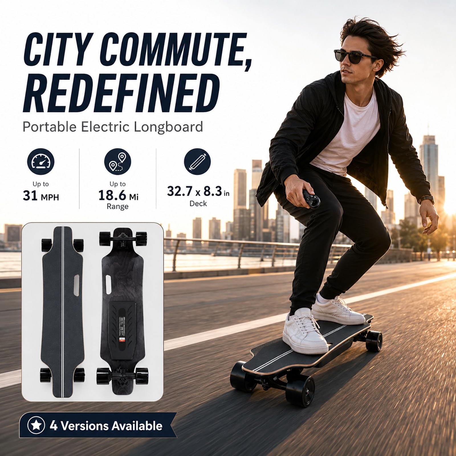 Skateboard Électrique avec Télécommande, Longboard Électrique Puissant, Jusqu’à 50 km/h, Bonne Capacité en Montée, pour Adultes et Débutants 13Mile