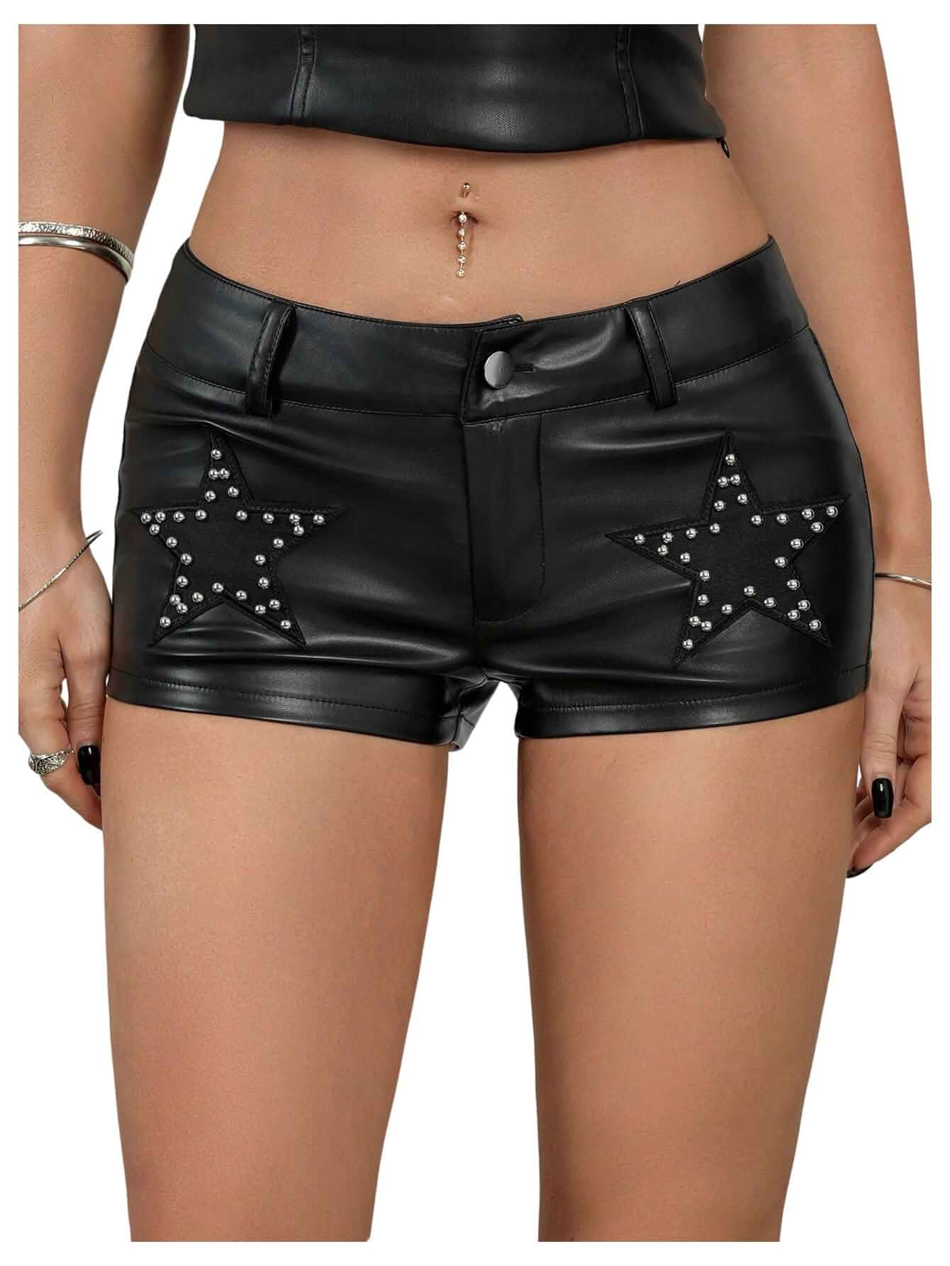 Floerns Women's Y2k Micro Shorts PU Leather Star Rivet Low Waist Rave Short Mini Shorts, Club, Party, Concert Outfits, Rave, Hot Pants, Straight Leg, Sliver Skorts