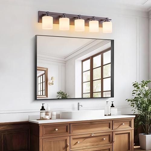 Miniatura 90 de 3 lámparas modernas de baño sobre el espejo, luces de tocador de oro negro para apliques de pared de baño con pantallas de vidrio blanco lechoso