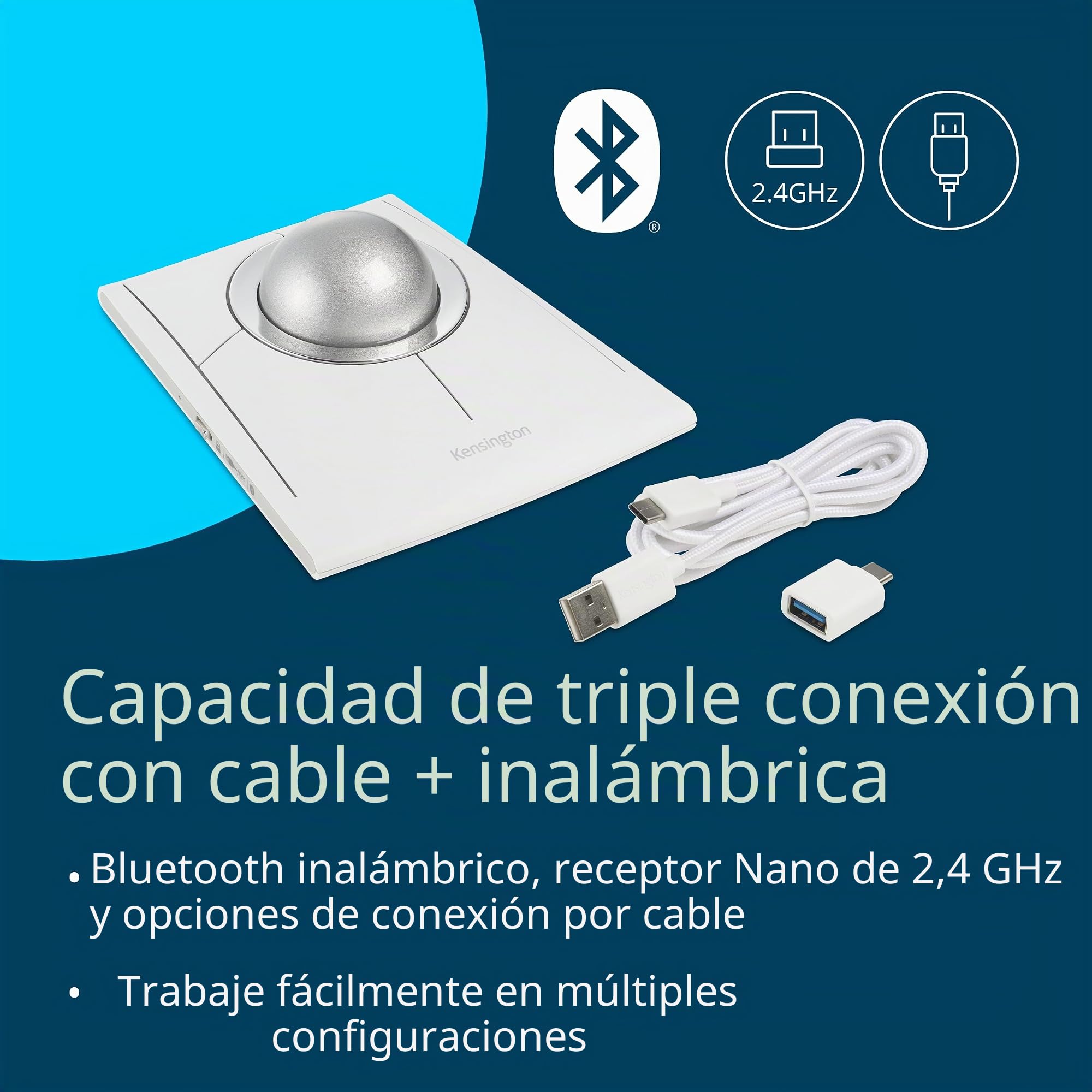 Kensington SlimBlade Pro EQ - Trackball inalámbrico, Bluetooth, conexión de 2,4 GHz, Recargable, Botones programables, Bola Blanca/Plateada