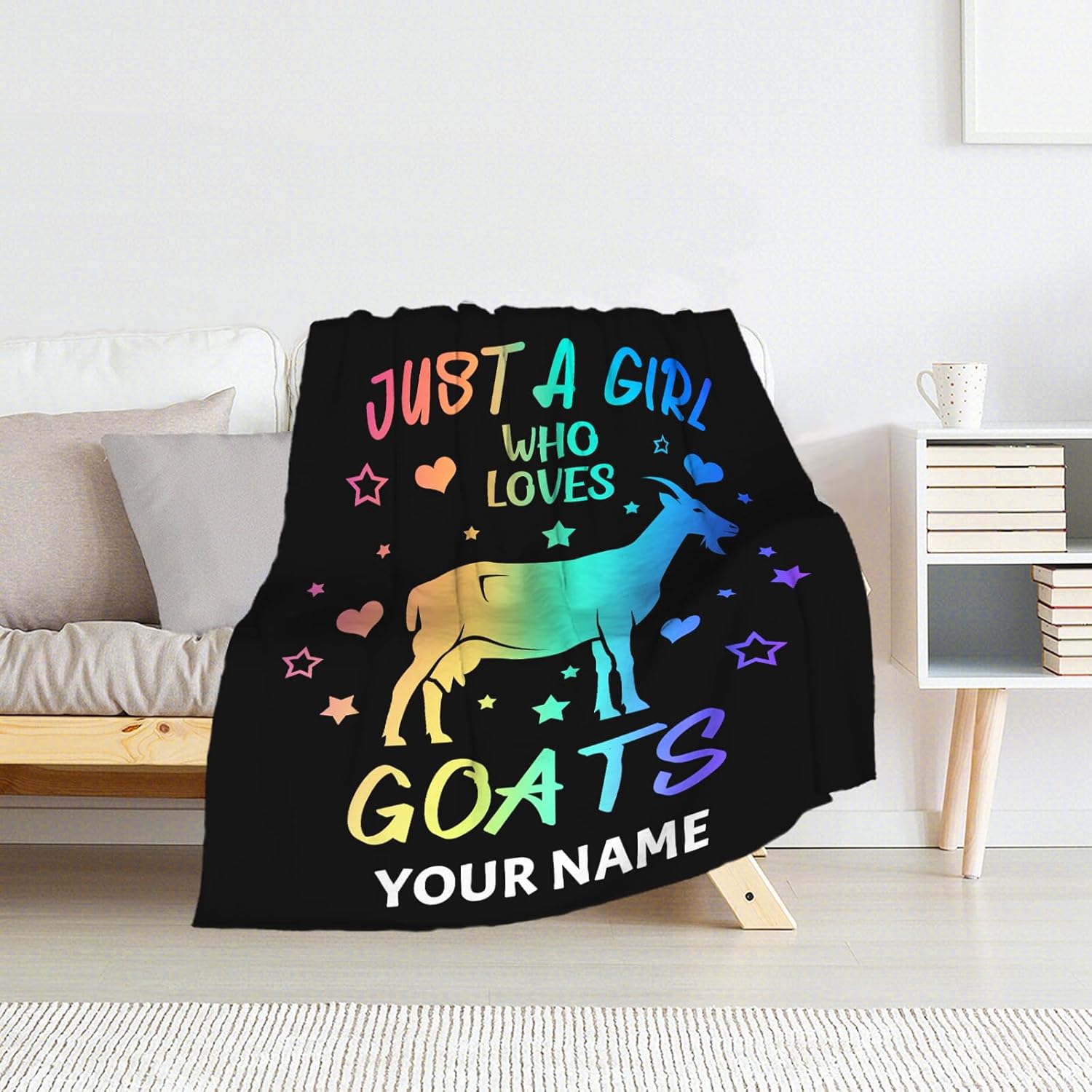 Custom Goat Blanket for Girls - 50x60 Inches Throw Size with Name - Soft Fuzzy Plush Throws Gift - Black Funny Blanket for Bed, Couch, Sofa