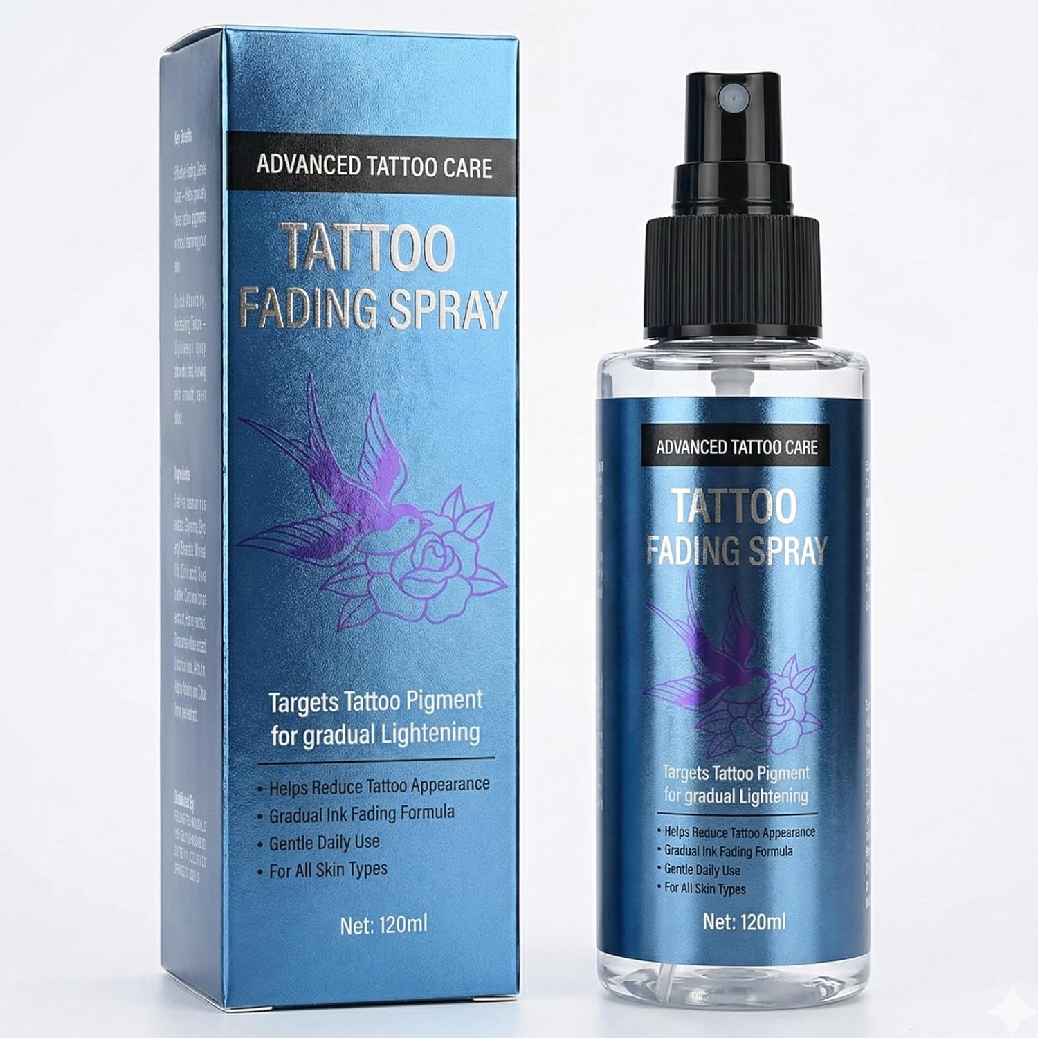 Tattoo Remover Spray, Safe & Effective Fading Spray for Old & Unwanted Tattoos, Natural Strength Formula, Supports Skin Recovery, for Men & Women, 4 Fl Oz