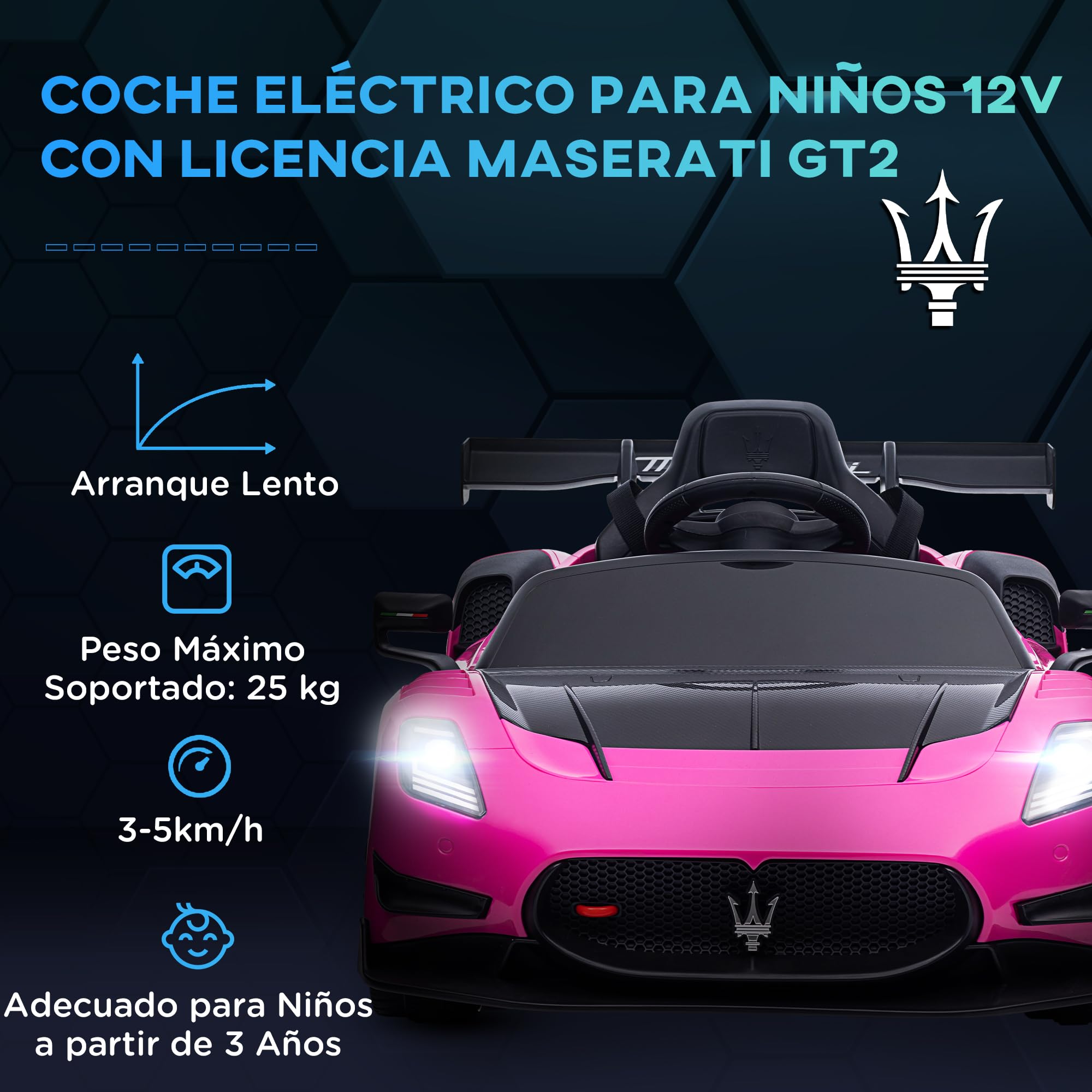 AIYAPLAY Maserati GT2 Coche Eléctrico para Niños 12V con Mando a Distancia Faros LED Rosa 115x60x45 cm