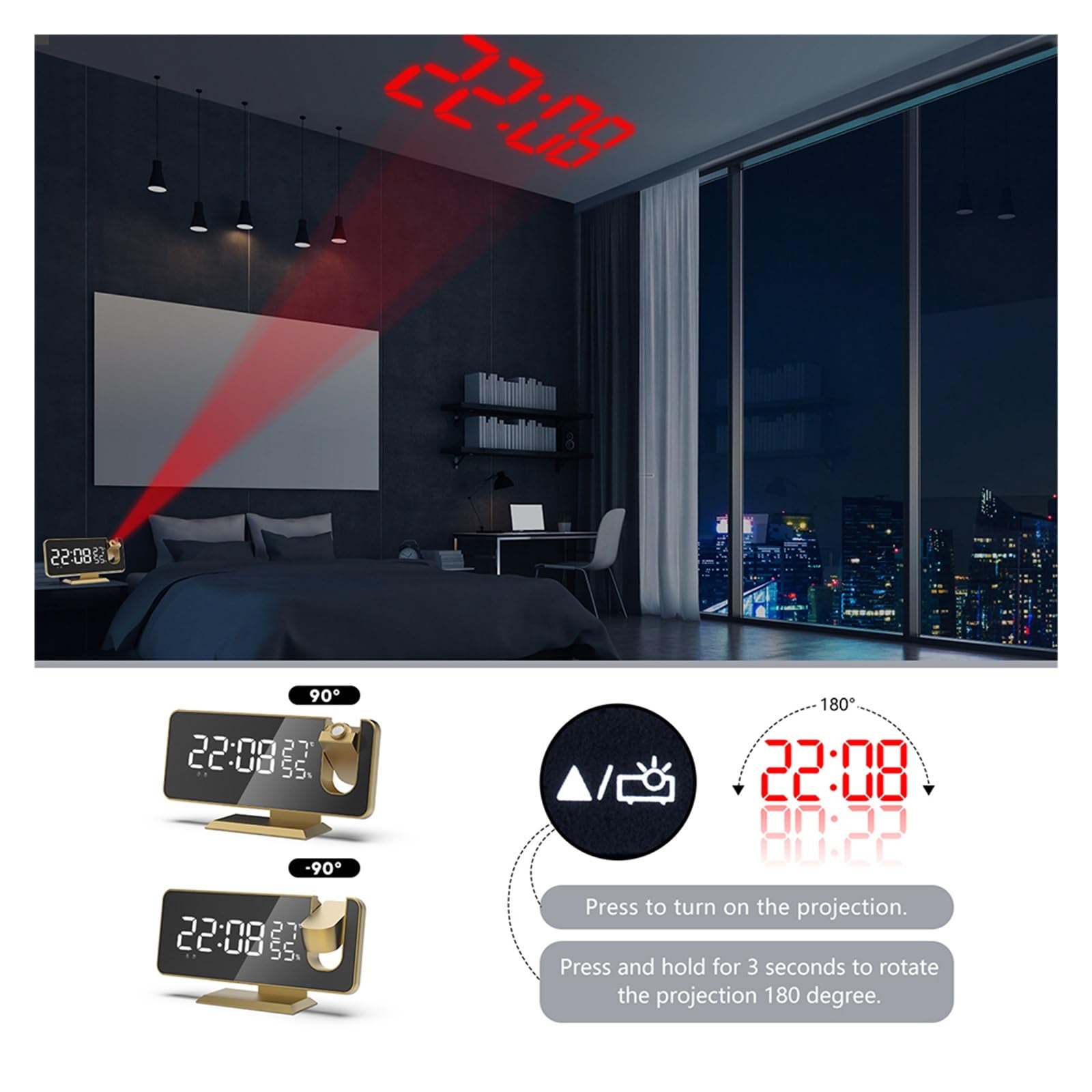 Projektionswecker Mit Um 180° Drehbarem Projektor, Nachttischwecker FM-Radio-Timing for Zuhause, Schlafzimmer, Büro Klare Projektion(Gold)