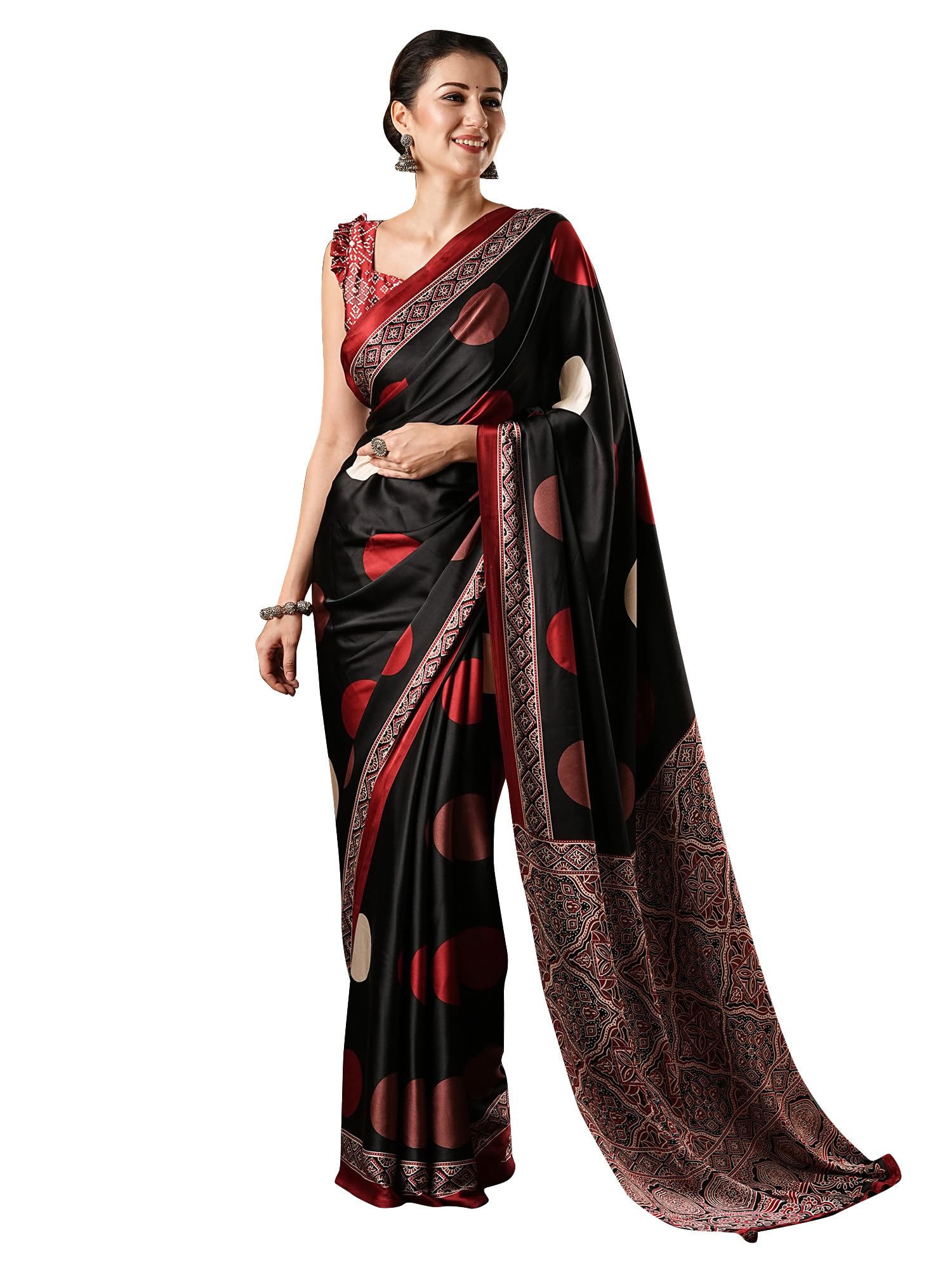 akhilam Women's Multicolor Crepe Polka Dot Printed Saree with Unstitched Blouse Piece(MOHAR101A_HS11_Parent)-picture-31
