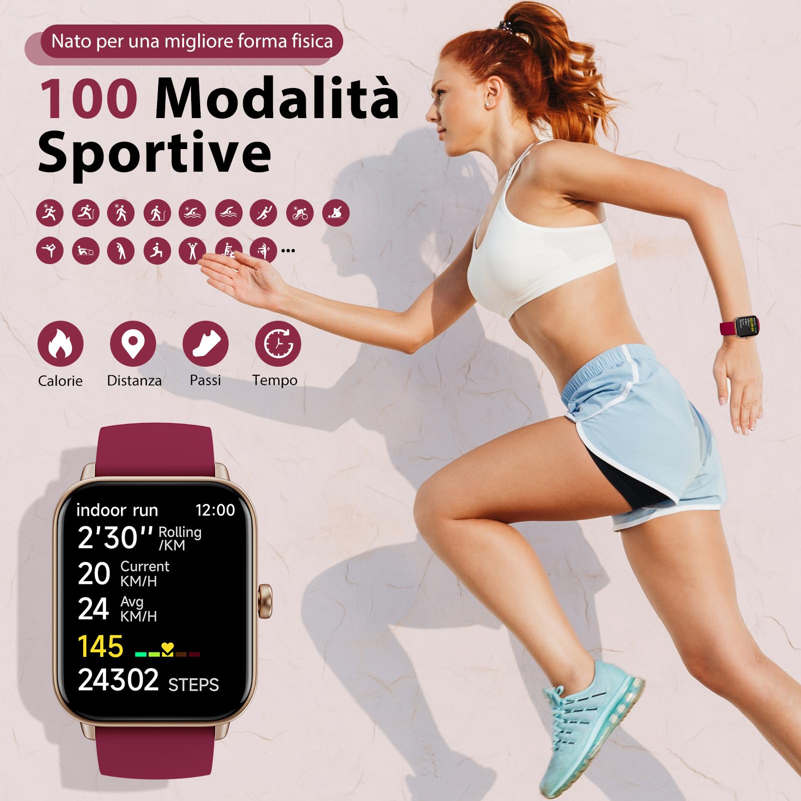 Smartwatch Uomo Donna Rispondi/Effettua Chiamate, 1.8" Orologio Alexa Integrata, SpO2/Frequenza Cardiaca/Sonno/Stress, 100+ Sports, Contacalorie/Passi, IP68 Smart Watch per Android/iOS (Rosso, 1.8)