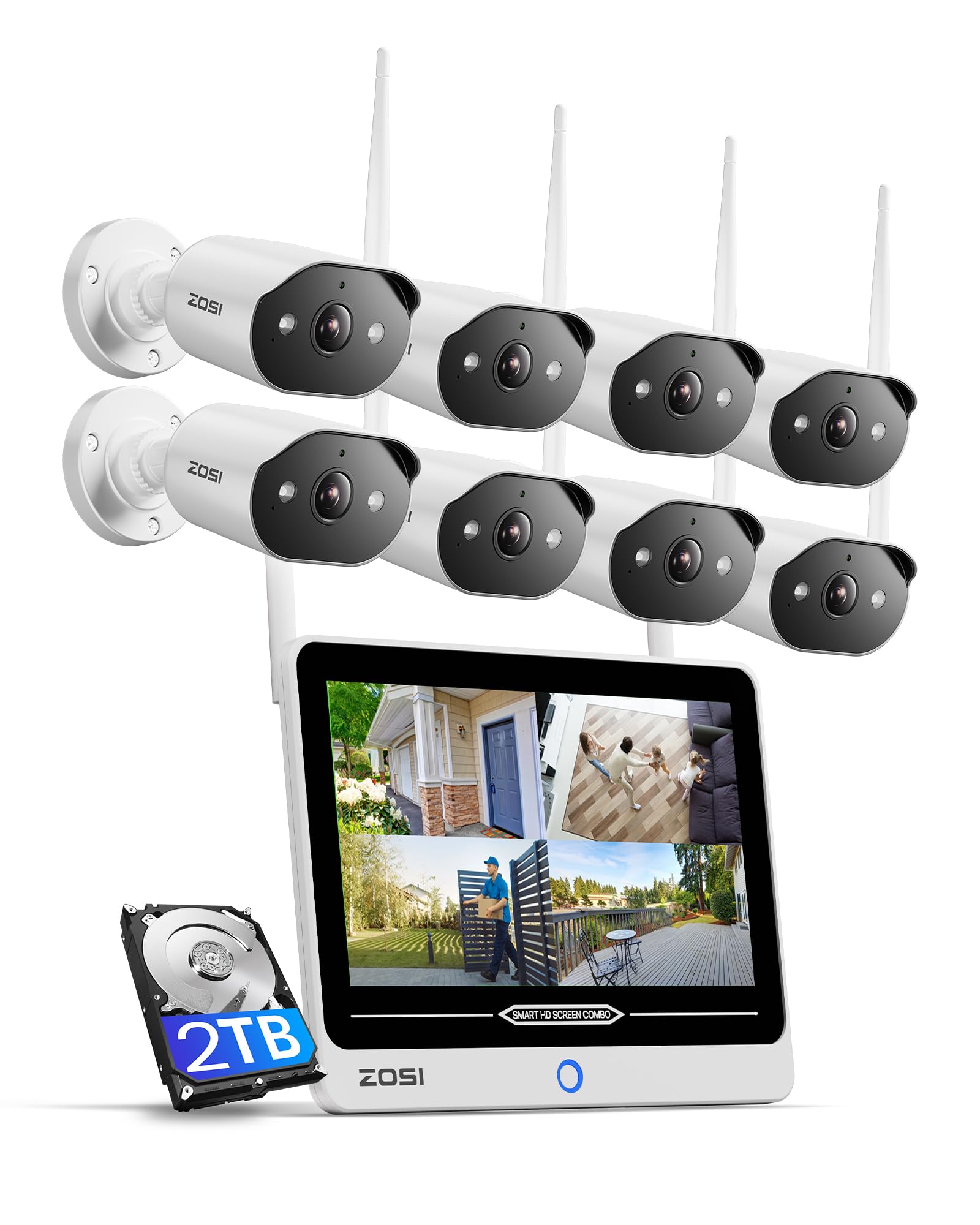ZOSI 2K Kit Cámaras de Vigilancia WiFi-6 8CH 8MP Grabador NVR y 12'' Monitor 2TB HDD con 3MP Cámara Seguridad Exterior/Interior Inalámbrica, Visión Nocturna Color, Detección de Persona, Audio