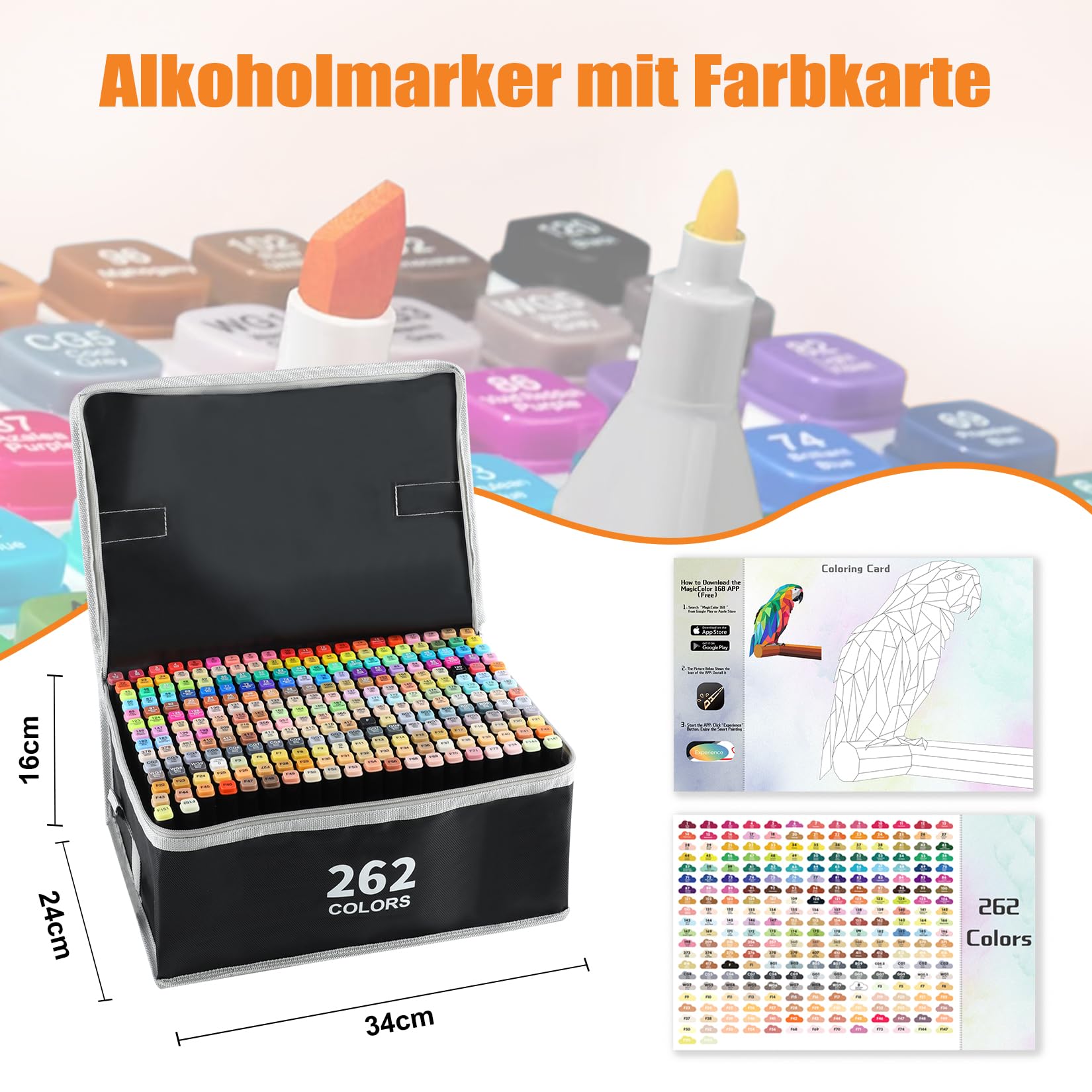 AEDAGA 262 Farben Alkohol Marker mit App, Doppelspitze Alkohol Stifte Set | Meißel & Feine Spitze | Mischbar | Ungiftig | Alkoholbasis |Farbcode | Alkoholmarker for Malerei, Zeichnen & Illustrationen