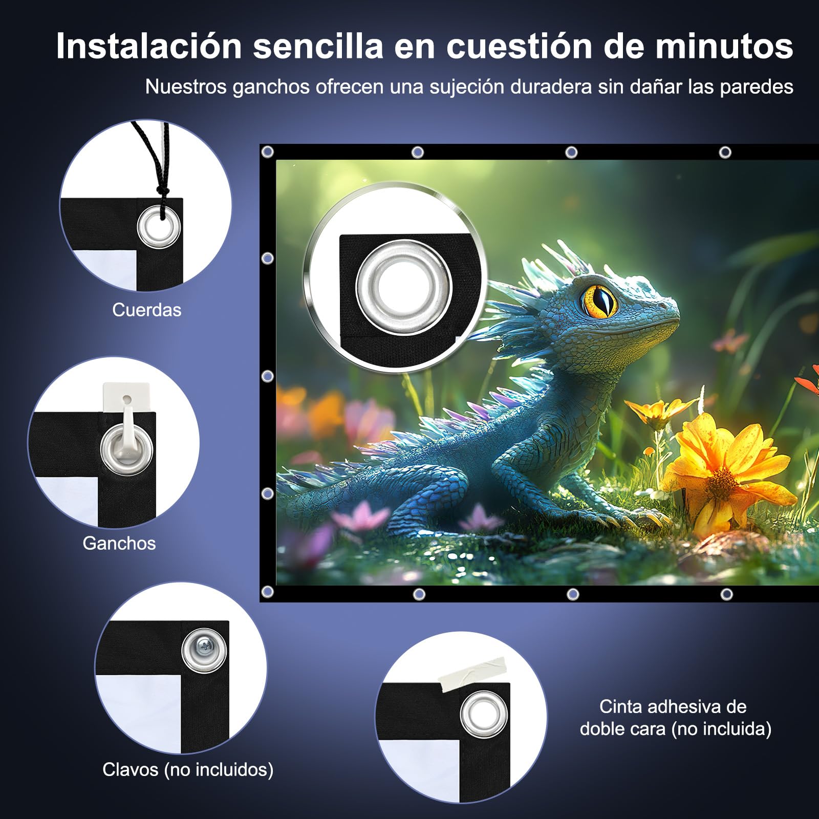 HOPFROG 100 Pulgadas Pantalla Proyector Portátil, Tela de Seda de Leche Lavable y Antiarrugas, 16:9 4K HD Doble Cara Plegable para Camping Exterior y Cine en Casa, Fácil Instalación con Ganchos