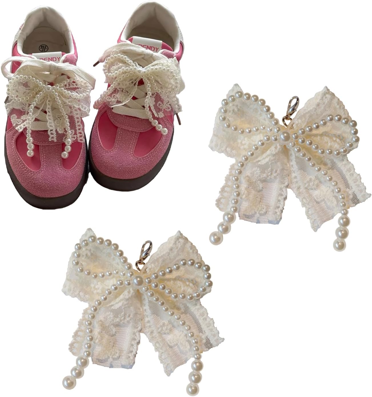 2 Pcs Pearls Bow Shoe Charms for Sneakers, Elegant DIY Shoe Lace Decoration, Buckle Pearl Beaded Chain Accessories for Women, Dress Shoes, Wedding Gift Jewelry
