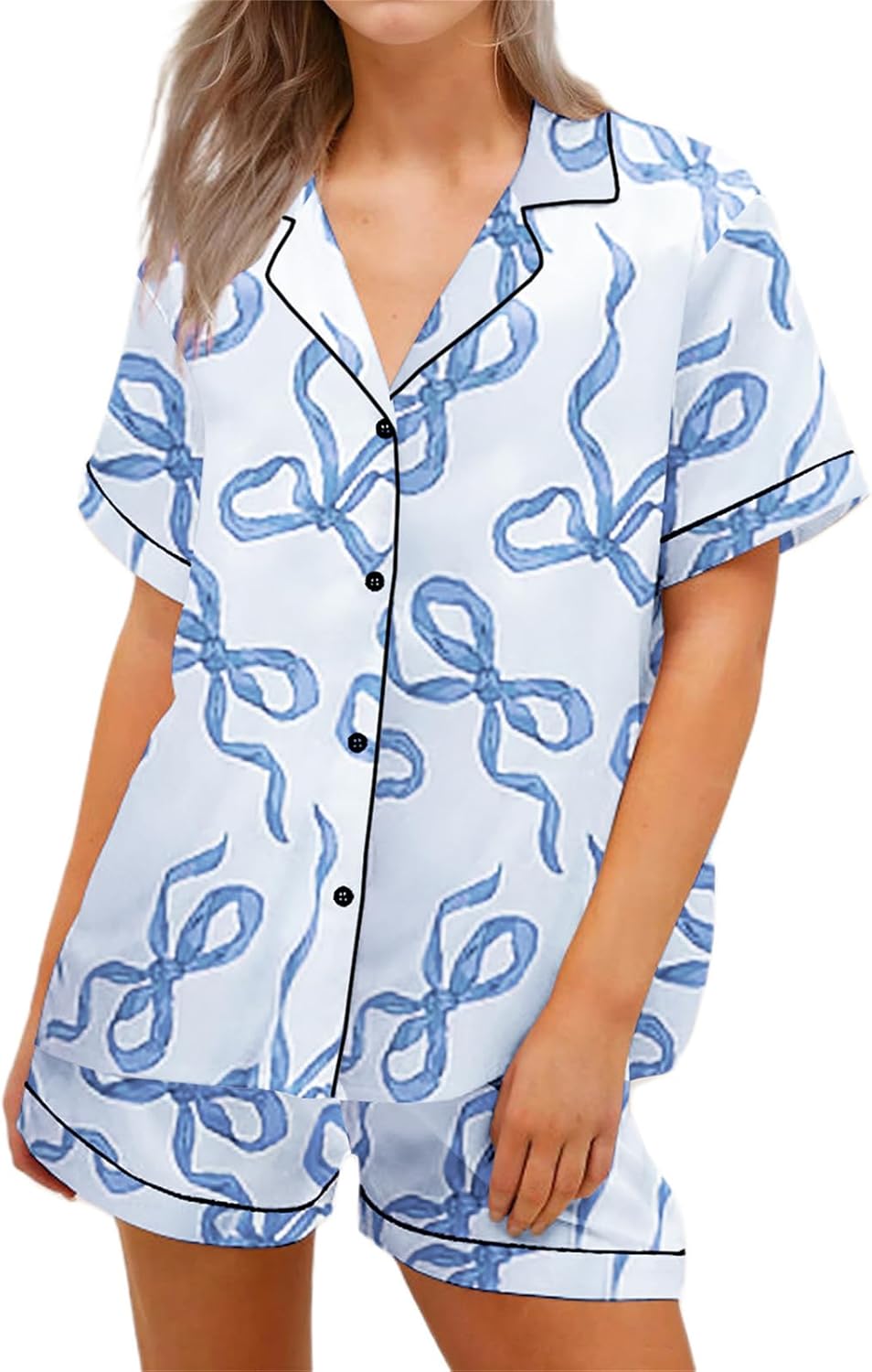 Tenopuli Women Silk Satin Pajama Set Cute Bow Print Button Down Top and Shorts Sleepwear Valentine 2 Piece Lounge Set