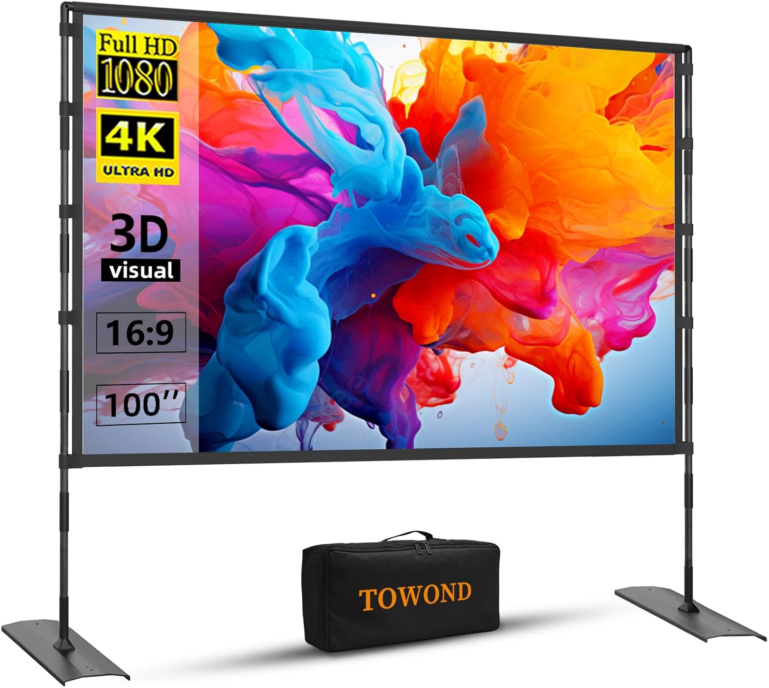 TOWOND Projector Screen and Stand, 100 inch Outdoor Projector Screen Indoor, Portable Movie Screen 16:9 4K Front Rear Projection Screen with Carry Bag Wrinkle-Free Design for Home Backyard Theater