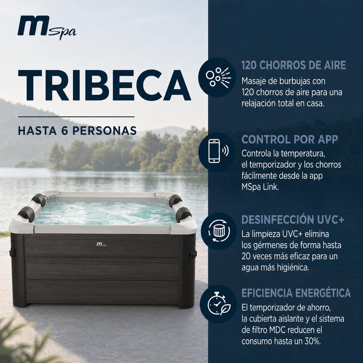 MSpa Tribeca SPA rígido Cuadrado 4-6 Personas con 120 chorros Aerojet, 8 Jets de Agua, LED, UVC+, ozono y Control Inteligente