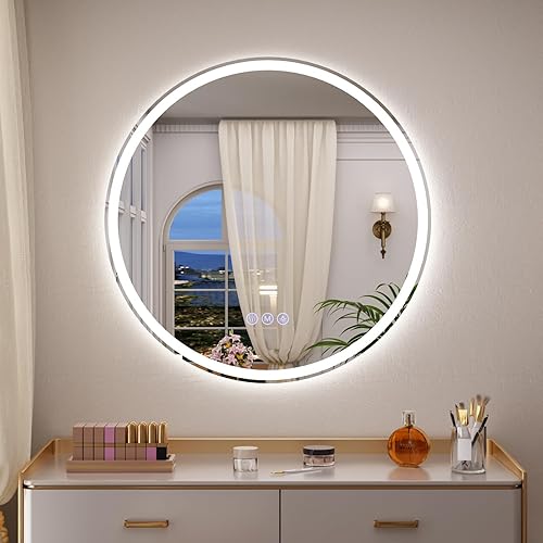 Miniatura 9 de BEAUTYPEAK Espejo redondo LED para baño con luces, espejo redondo de 30 x 30 pulgadas con marco de metal, antivaho, espejo LED con luz frontal y