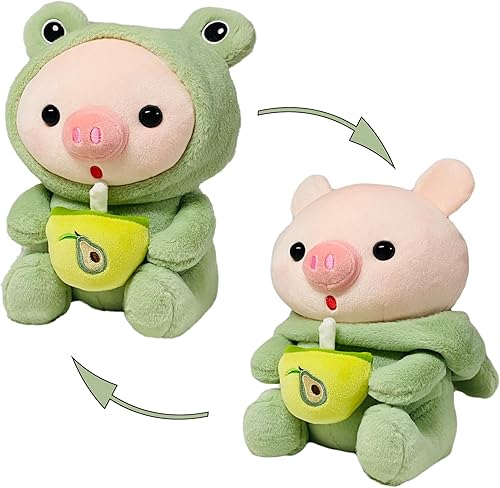Awcvire Lindo animal de peluche de cerdo vestido como disfraz de rana verde con capucha extraíble, animal de peluche de cerdito de 9.8 pulgadas,