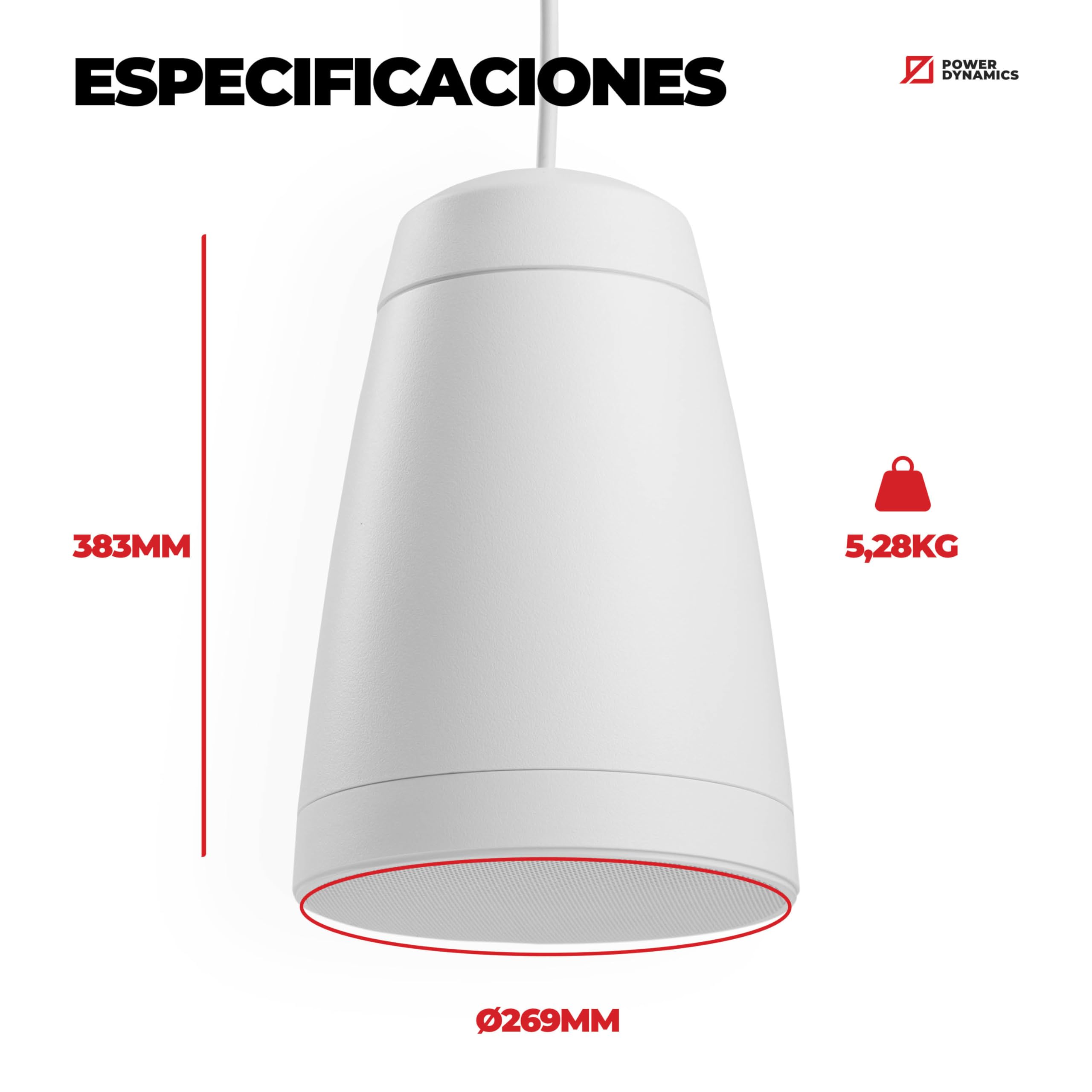Power Dynamics Purity8W - Altavoz Colgante 100V 8 Pulgadas para Sonido Ambiental Profesional, música de Fondo, megafonía y Sistemas comerciales, Compatible con 8 ohmios y techos Altos, Color Blanco