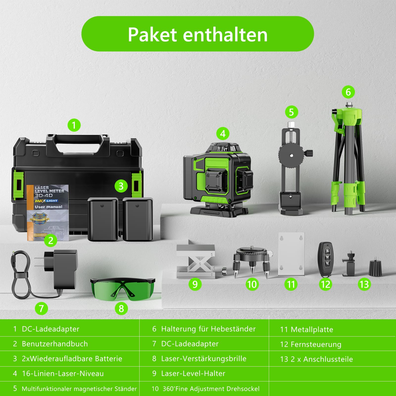 Kreuzlinienlaser Grün 16 Linien Nivellierlaser, 4 x 360 ° Laser Wasserwaage, Linienlaser Kreuzlaser Selbstnivellierend für Innenbereich Baustelle, 2 x Batterie Vermessungskabine (mit Stativ)