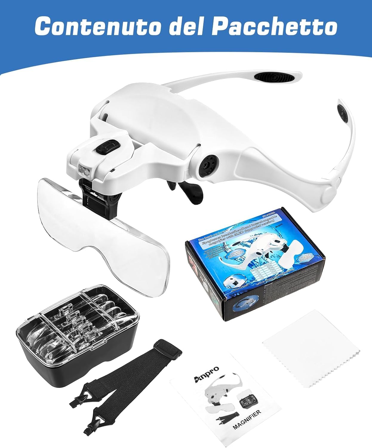 Anpro Occhiali Ingrandimento Professionali 1.0x-3.5x con Luce per Ricamo Modellismo Dentista