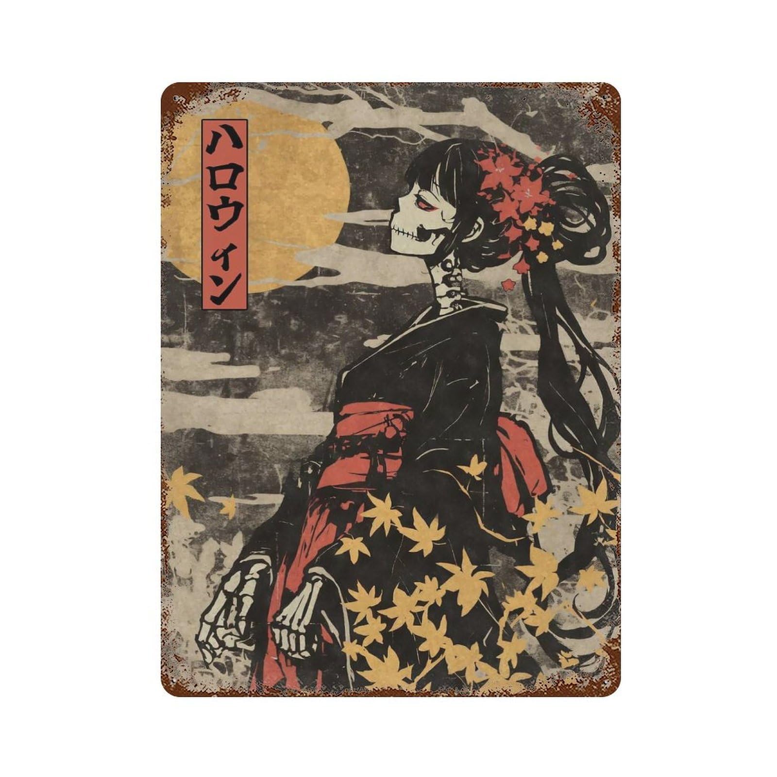Distressed Metal Wall Sign Skeleton Geisha in Kimono 15.7"x11.8", Vintage Wall Decor for Cafe, Home Bar And Lounge Decor