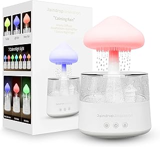 RaindropRelaxation - Mushroom Rain Humidifier – Water Drip & Essential Cloud Oil Diffuser for Home Aroma – Bedroom Night Light & Waterfall Lamp with Calming Rain Sounds to Help Sleeping & Stress