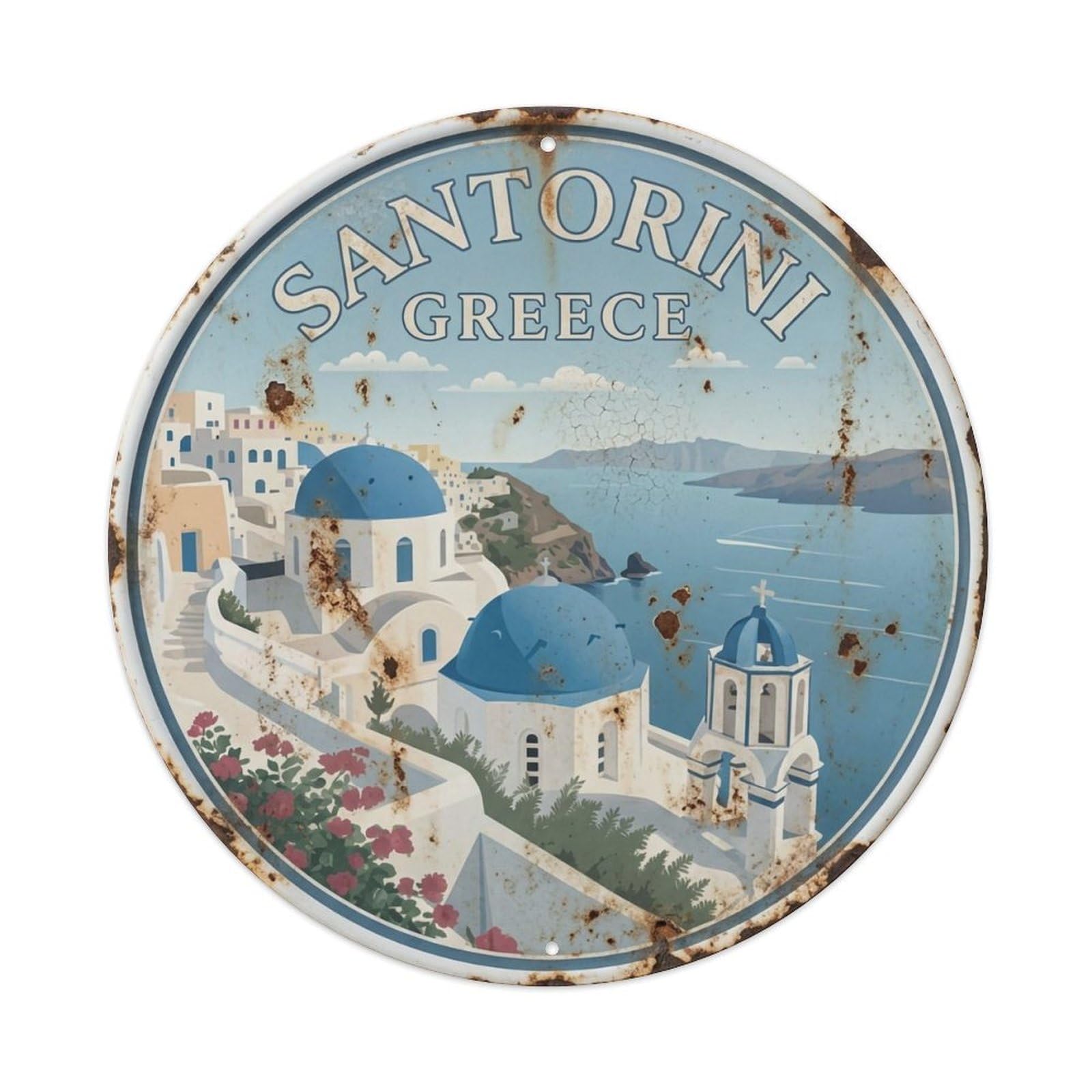 Fqnyr Style Metal Tin Sign Vintage Travel Blue Santorini Domes