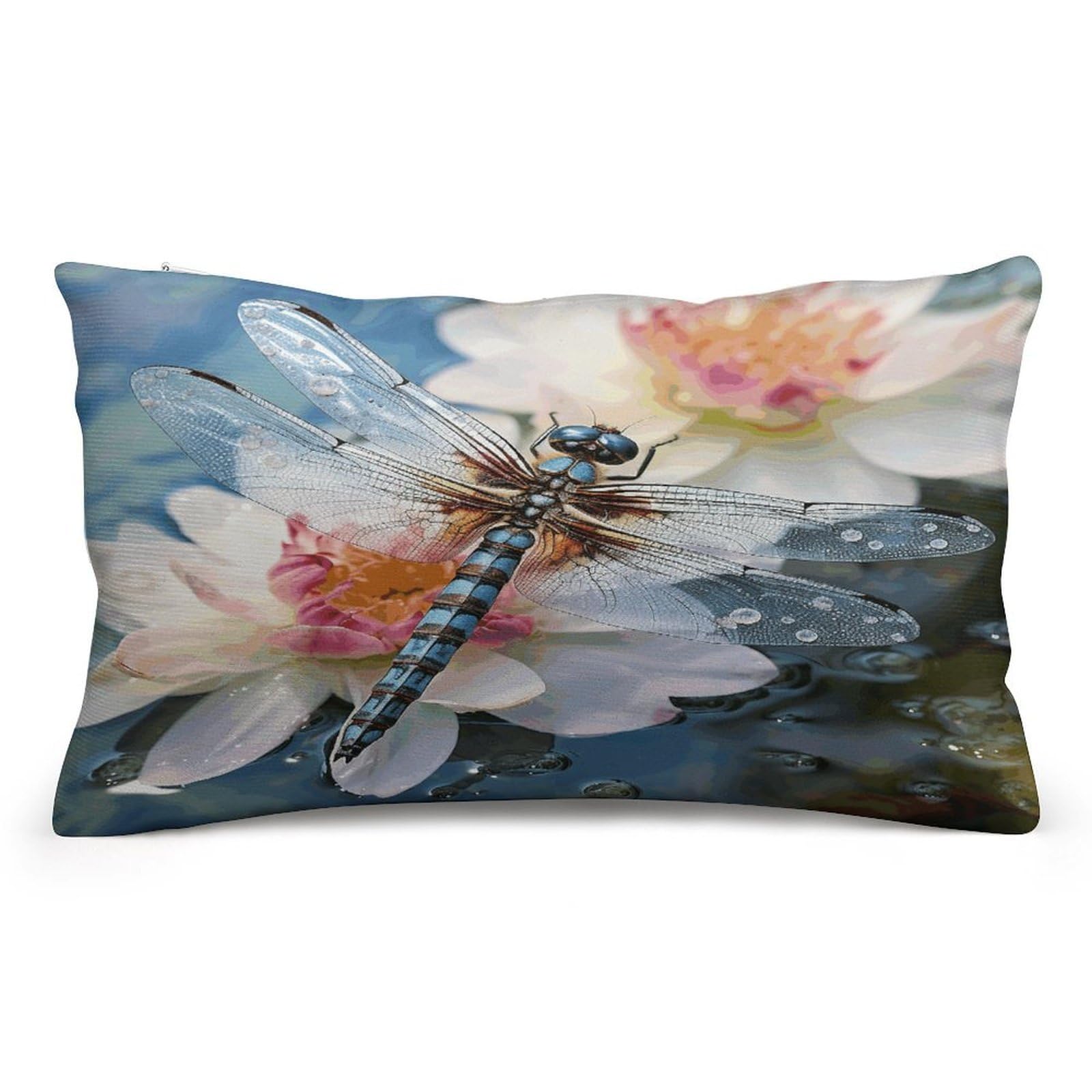 asbwuo Rectangular Decorative Throw Pillow Cover Soft Cushion Cover Dragonfly Lotus Queen Pillow Cases for Couch Sofa Living Room Bed