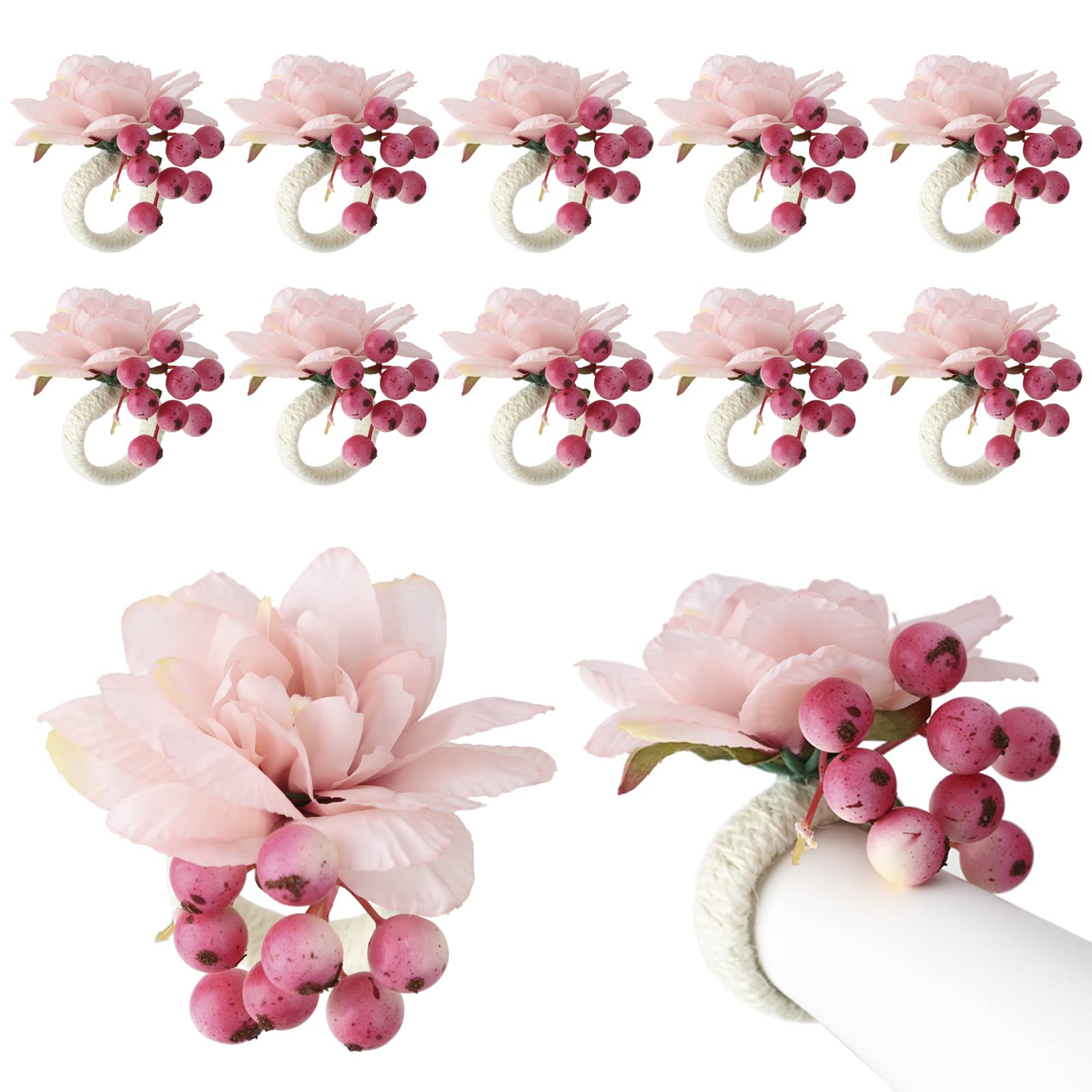 Fofetbfo Pink Flower Napkin Rings Set of 12 Silk Flower Napkin Holder with Pink Berries Wedding Napkin Holder Buckles for Wedding Birthday Party Dinner Tables Decor