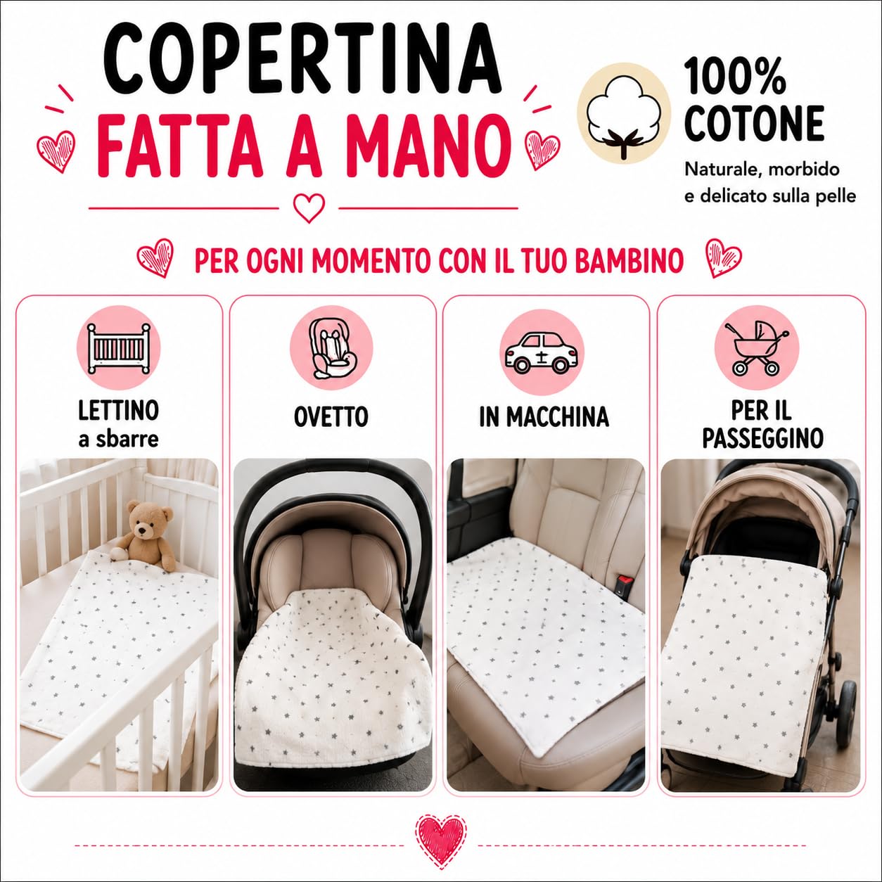 Generico Copertina Neonato Cotone Estiva 70x100 cm – Coperta per Culla e Carrozzina – Coperta Estiva per Neonati in 100% Cotone – Coperta per Nido – Regalo Nascita Made in Italy