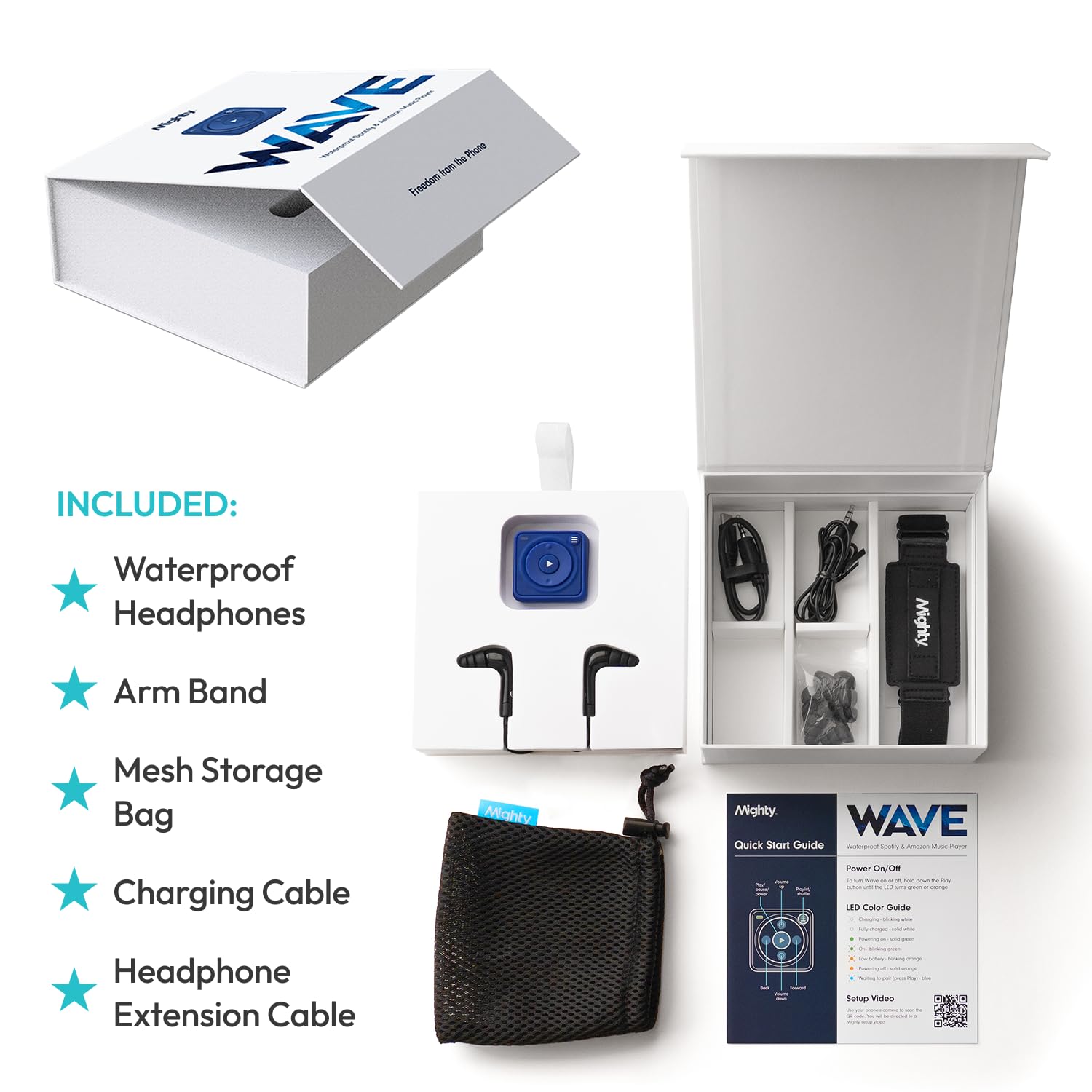 Mighty Wave (édition 2026) étanche IPX7 Spotify & Amazon Music Player – Comprend un casque filaire étanche – Parfait pour la natation – Musique + podcasts