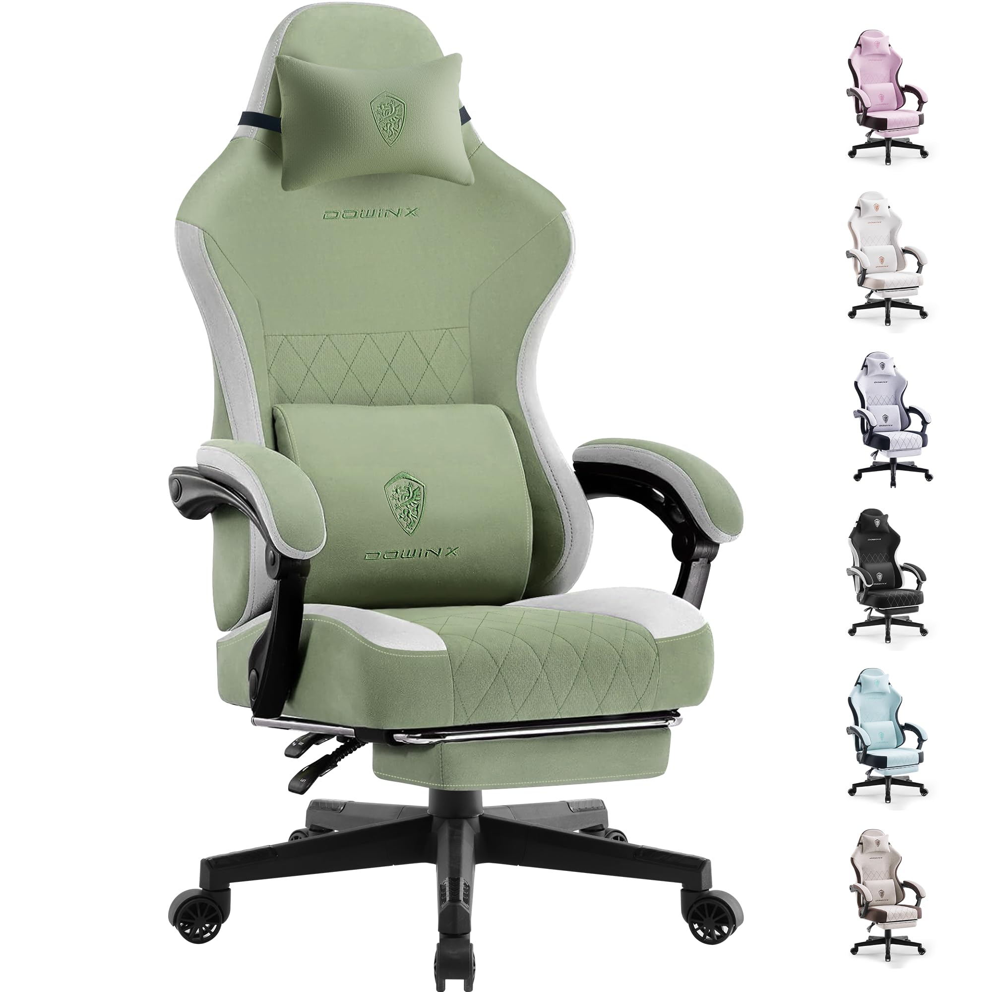 Dowinx Gaming Chair Fabric with Pocket Spring Cushion, High Back Ergonomic Computer Chair with Footrest for Adults, Massage Lumbar Support Swivel Game Chair for Office Gaming 300LBS, Green