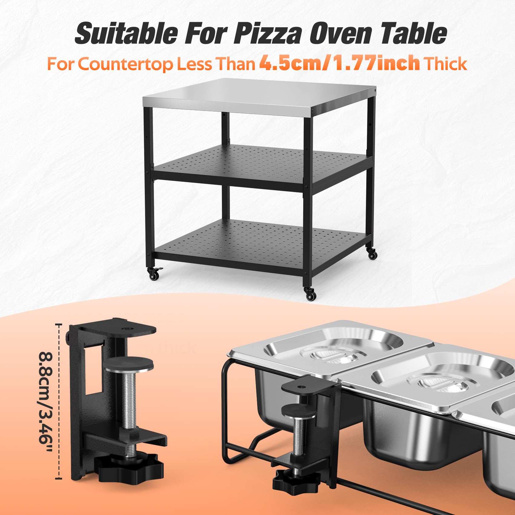 onlyfire Portacondimenti Aggiornata in Acciaio Inossidabile con Coperchio e Morsetti a C per Carrello e Tavolino per Barbecue, Porta Ingredienti Pizza per Preparare Ingredienti, Contenitori per Cibi