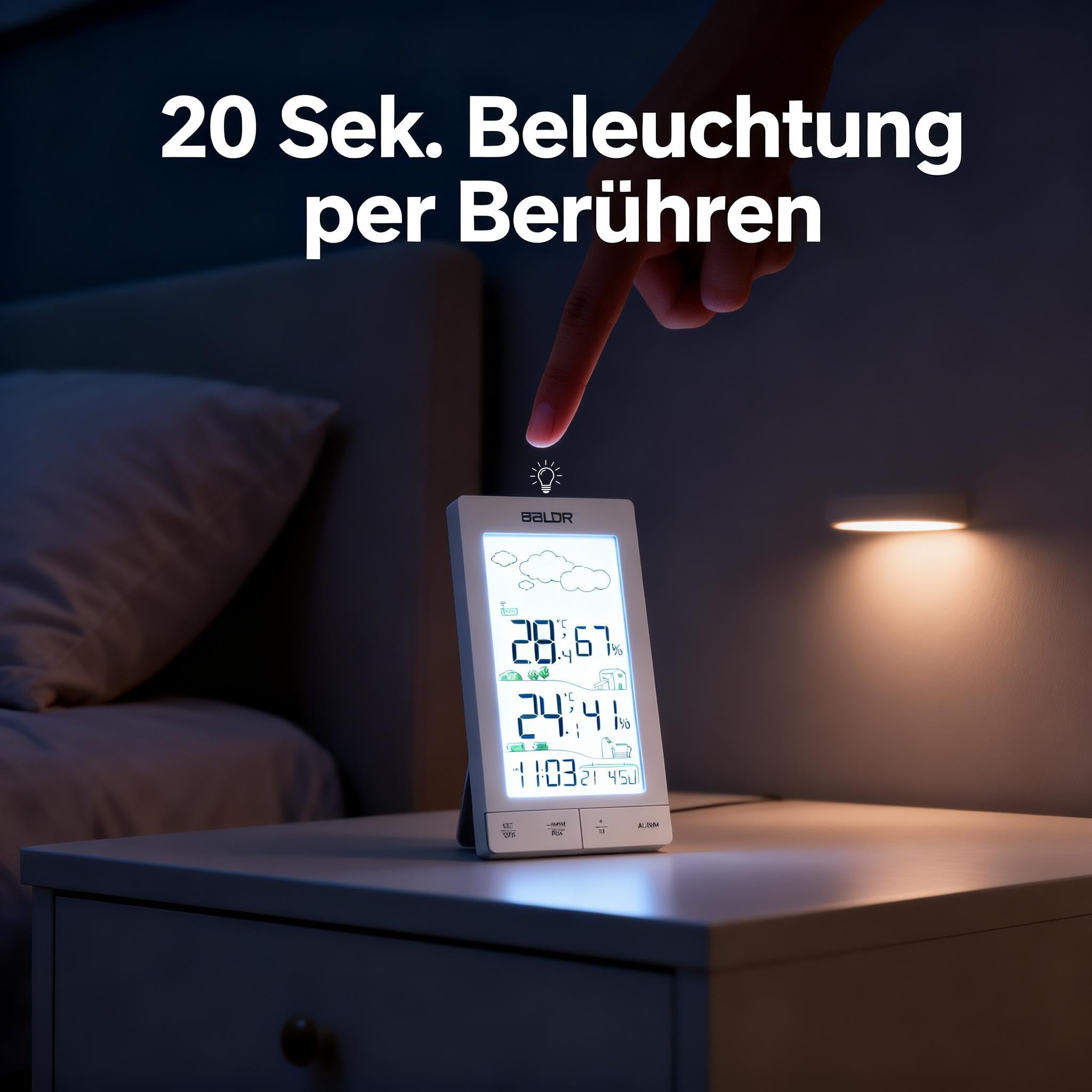 Konsen Wetterstation Funk mit Außensensor – 5" Display mit Hintergrundbeleuchtung, DCF Funkuhr, Innen- & Außentemperatur, Luftfeuchtigkeit, Wettervorhersage, einfache Bedienung durch vordere Tasten