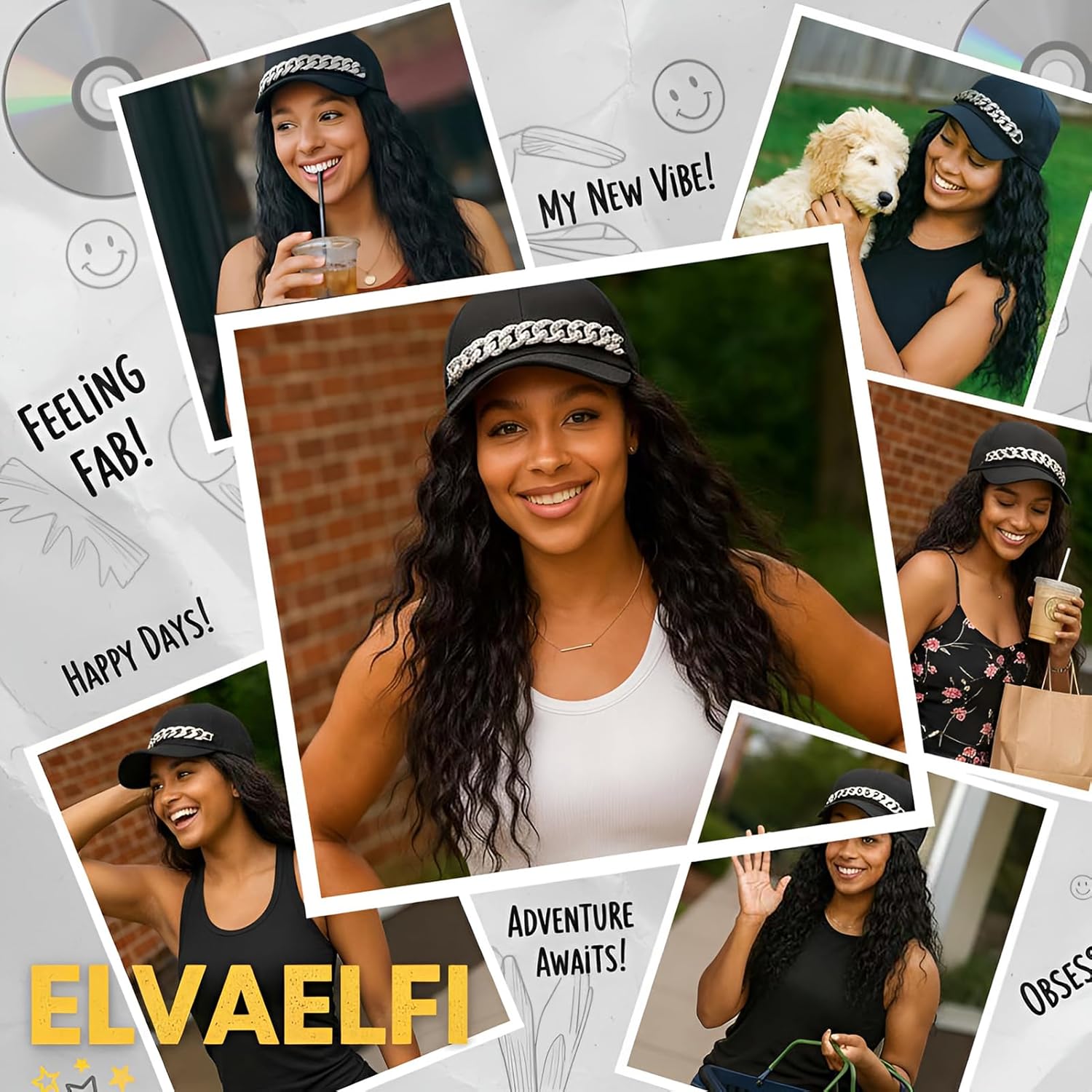 18-Inch Long Black Wig Hat, Synthetic Wavy Curly Wigs, Baseball Cap with Hair Extensions for Women