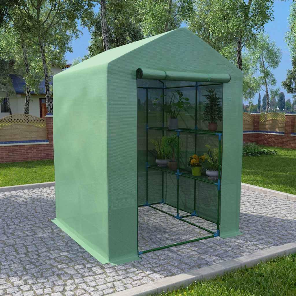 Gewächshaus mit Ablagen Stahl 143x143x195 cm für Hobby-Gartenbau, Pflanzenpflege, Gemüse, Kräuter, Blumen, Überwinterung, Balkon, Terrasse, mit Tür, Regalböden, robustem Stahlrahmen