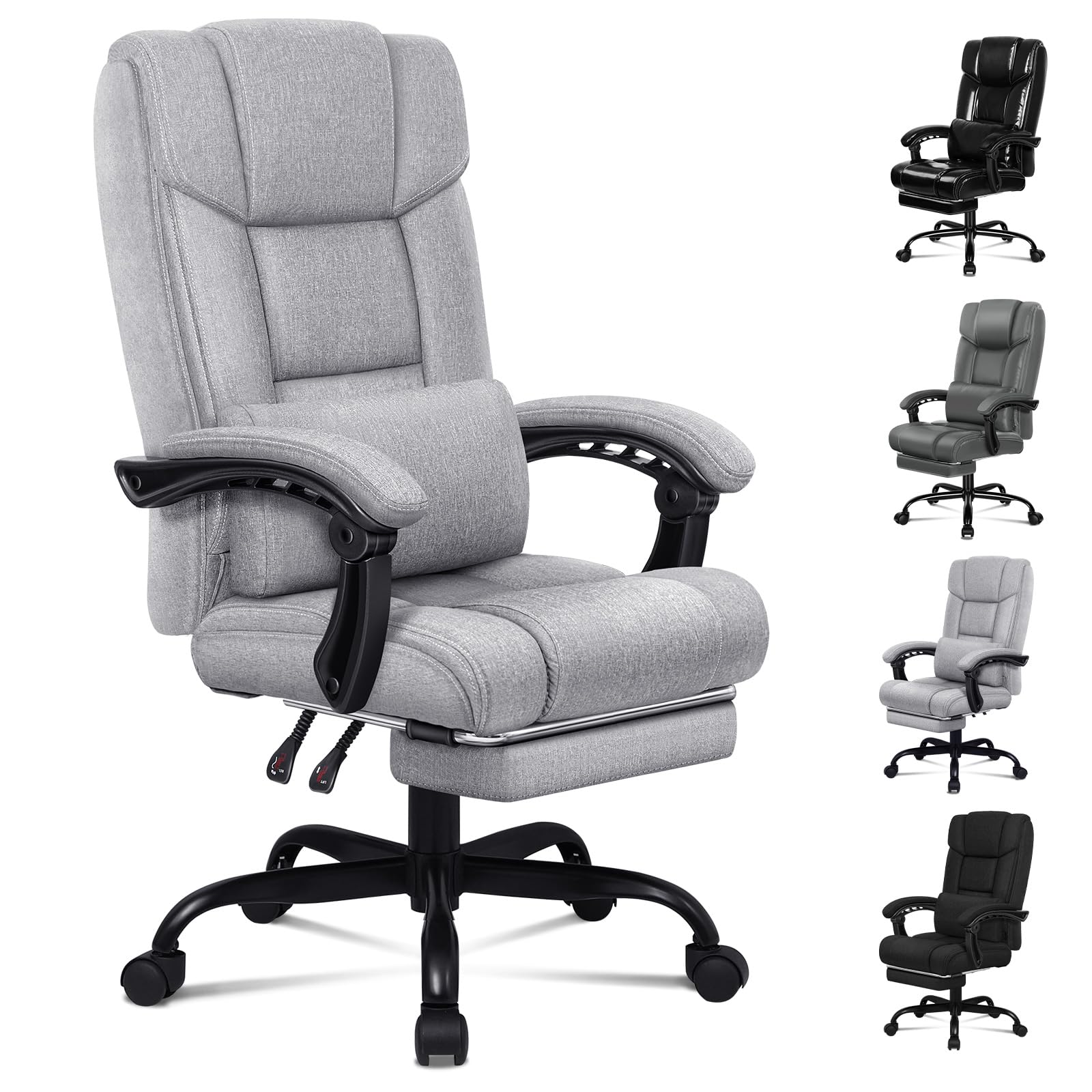 ALFORDSON Silla de Oficina, Silla de Escritorio con Soporte Lumbar Ajustable, Respaldo Alto, Reposapiés, Tela de Lino (Gris)