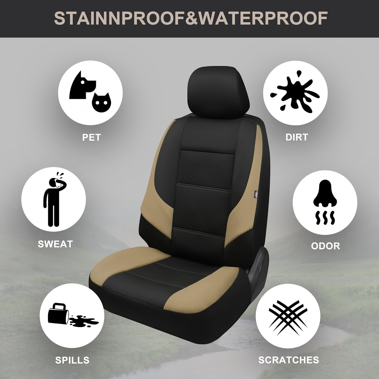GIANT PANDA Neoprene Full Set Car Seat Covers, Leak-Proof & Waterproof Front&Rear/Back Car Seat Protector Fit 95% Cars Sedans SUV（Beige+Black）