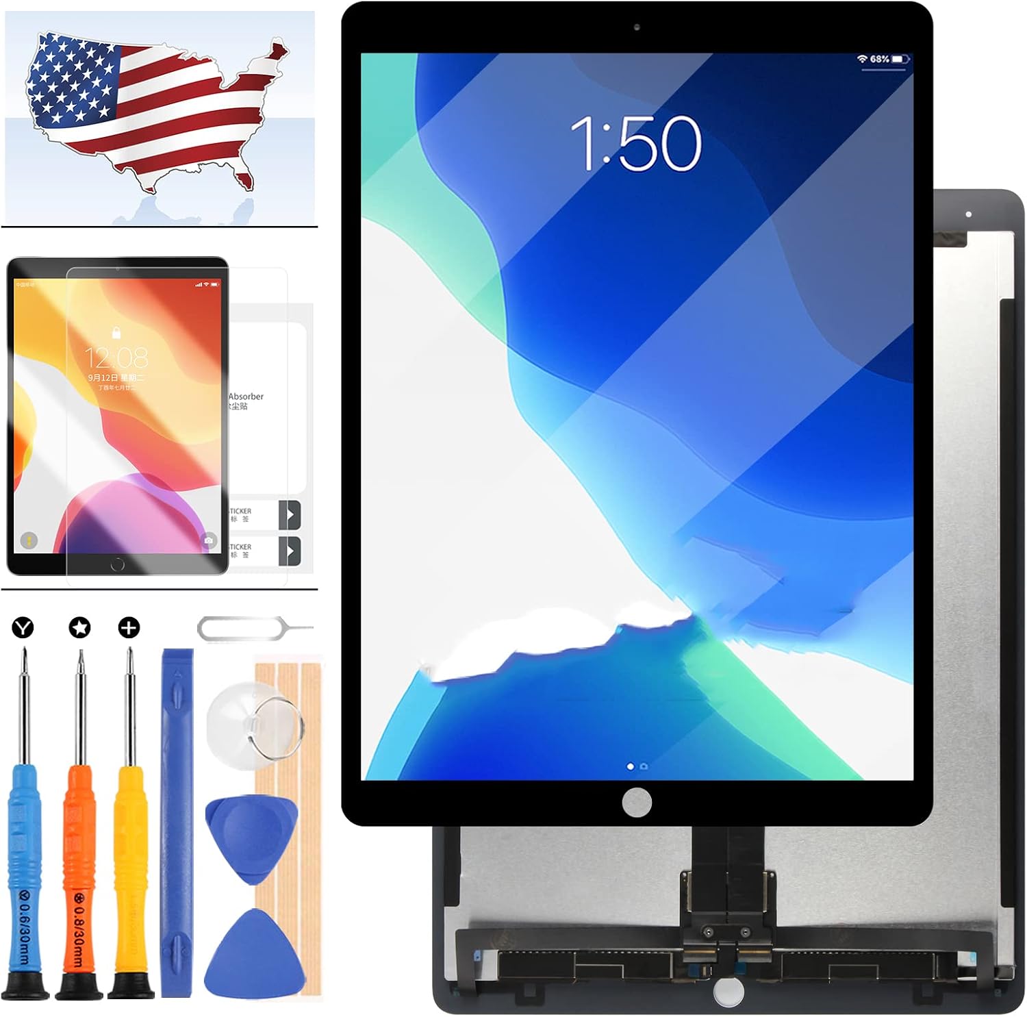 for iPad Pro 12.9 2nd Gen 2017 Screen Replacement A1670 A1671 A1821 LCD Display Touchscreen Digitizer Assembly Sensor Touch Panel Lens Kit Board (Black with Board)