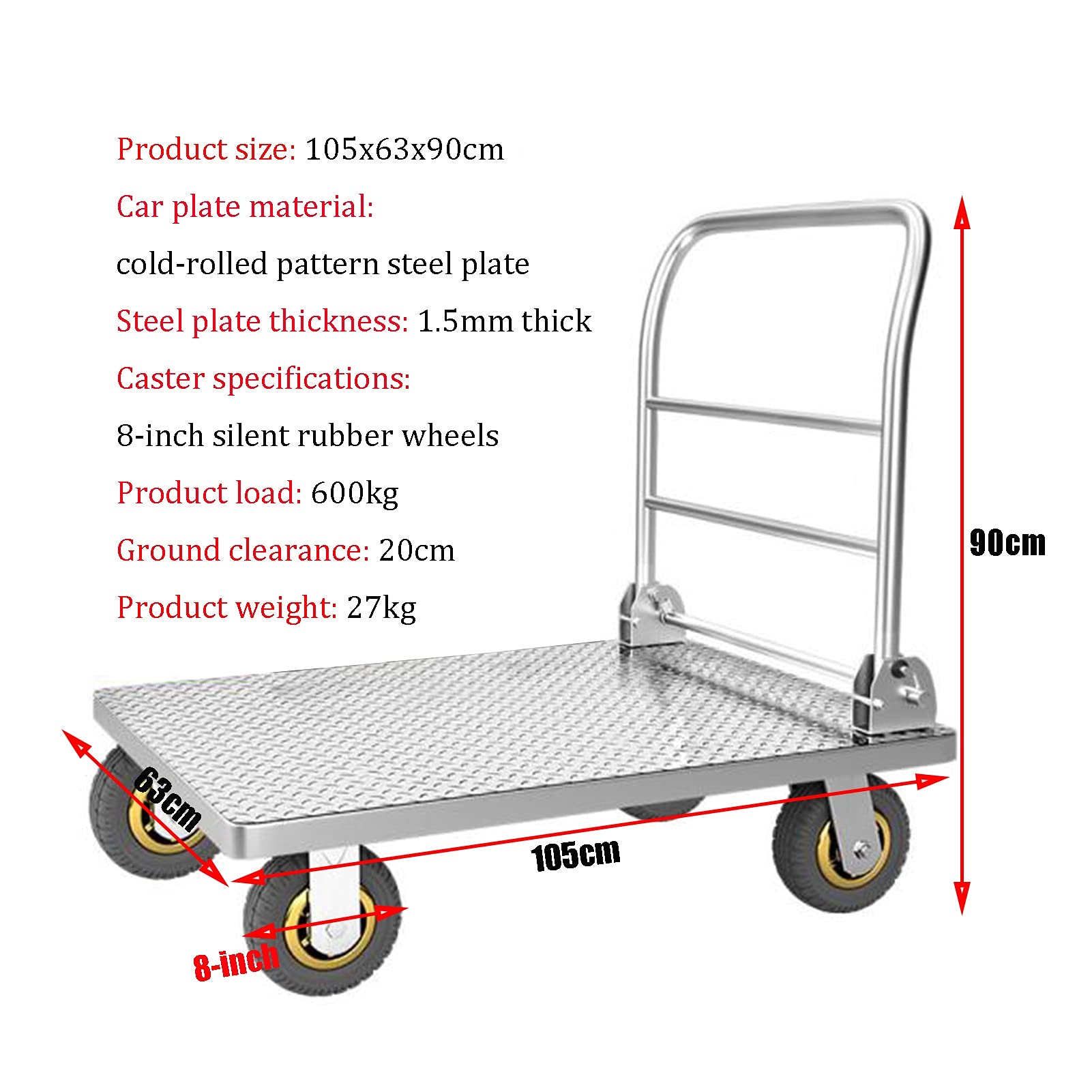 Carrello a Piattaforma Manuale con Ruote silenziose, Carrello Industriale Multifunzionale per carico e stoccaggio, Portata Massima 600 kg (Dimensioni: 105x63x90 cm)
