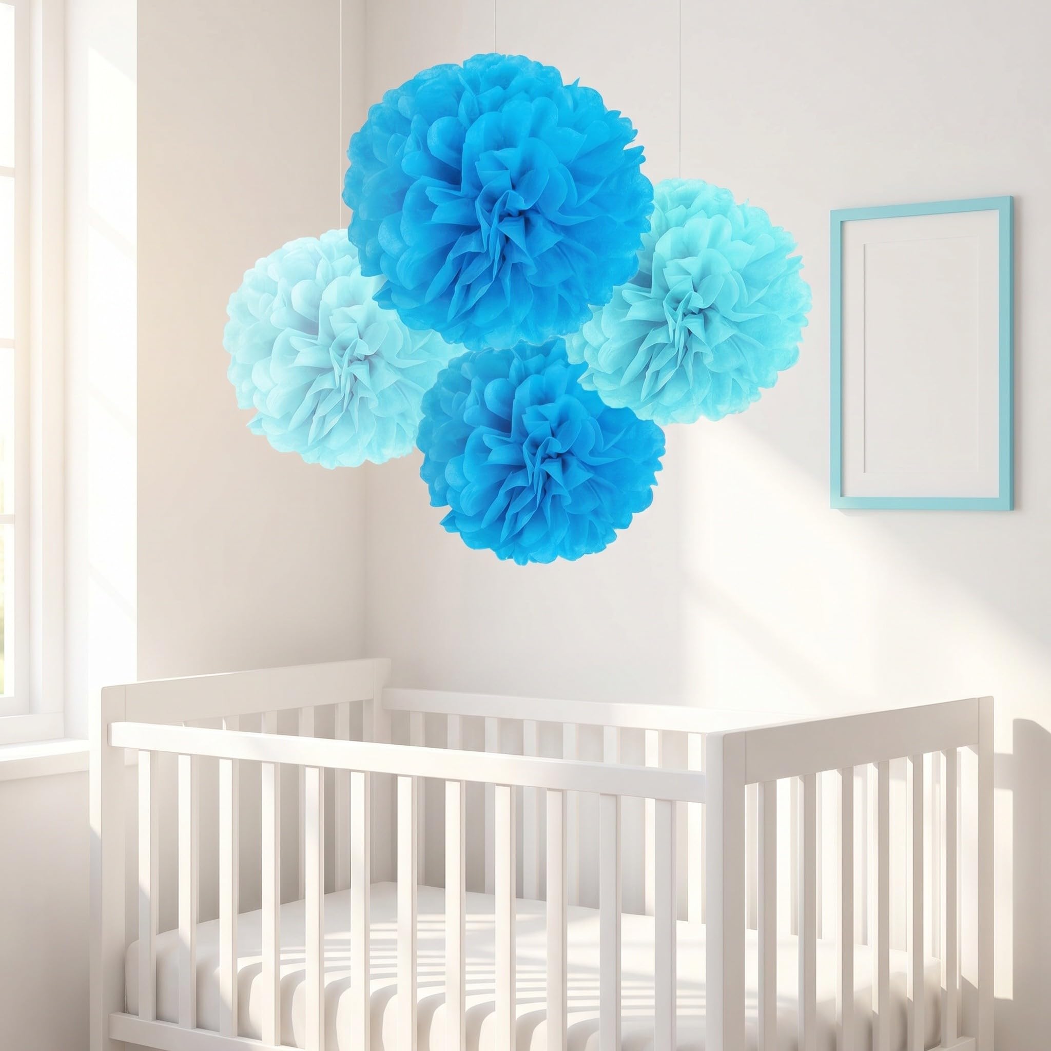 Lurrose 1 lot de pompons en papier de soie bleu : 20 cm, 25 cm et 30 cm. Fleurs en papier à suspendre, pompons pour décorations de fête, anniversaire, baby shower, mariage, décoration de plafond,