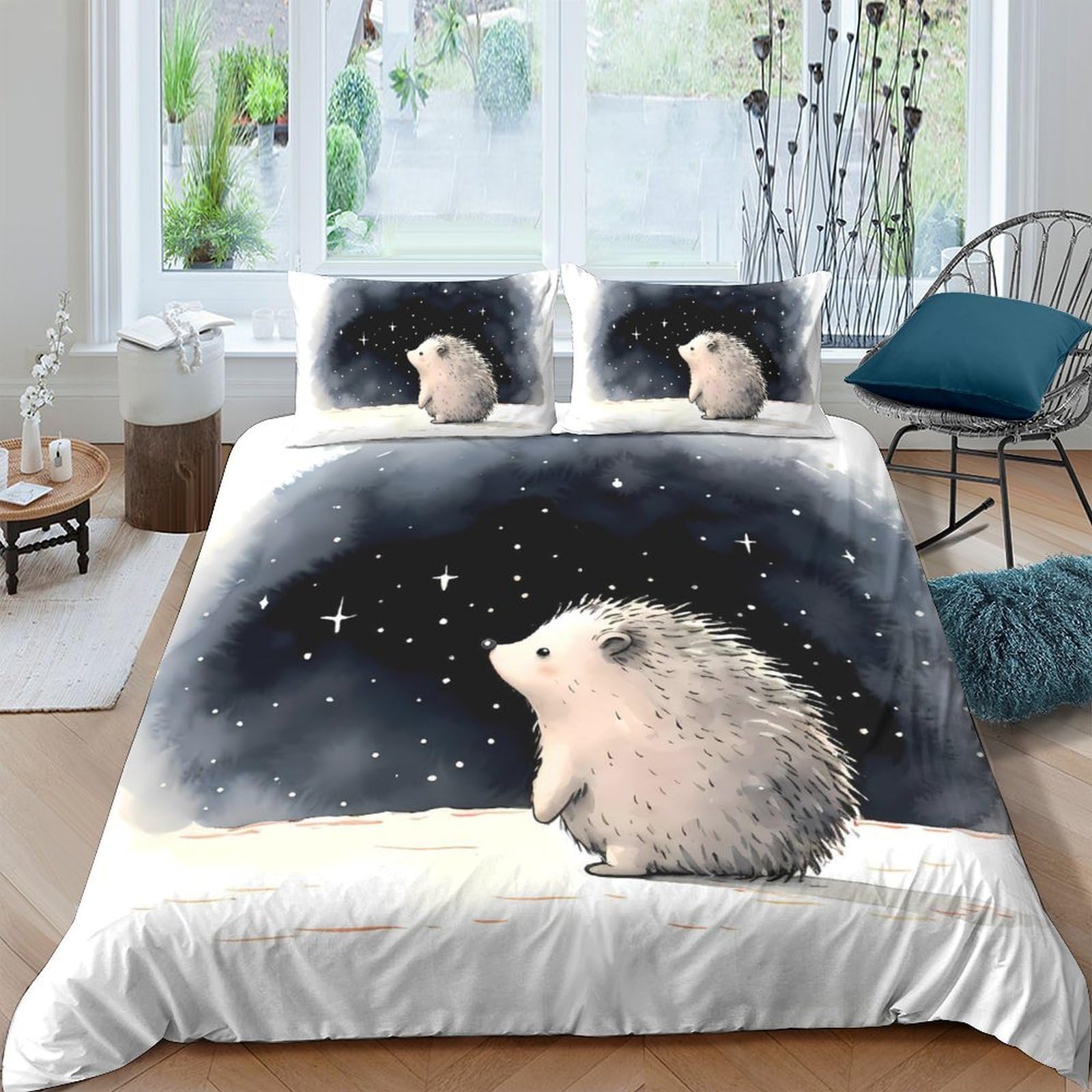 GPLZQXKJNH 3D Printed Hedgehog Night Sky Duvet Cover Microfiber Soft Breathable Winter Forest Bedding Set with 2 Pillowcases for Bedroom Decor Single（135x200cm）