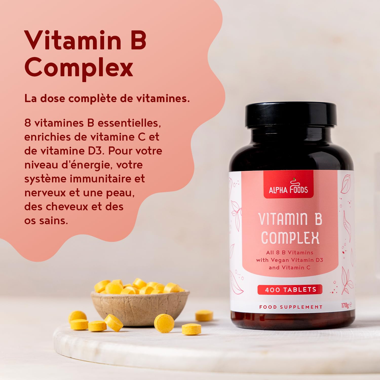 Vitamine B Complex | 400 Comprimés Végétaliens (+ 1 An) | 8 B Vitamines (B1, B2, B3, B5, B6, B12, Biotine, Acide Folique) avec Vit C & D3 | Énergie, Métabolisme & Système Nerveux (EFSA) | Alpha Foods