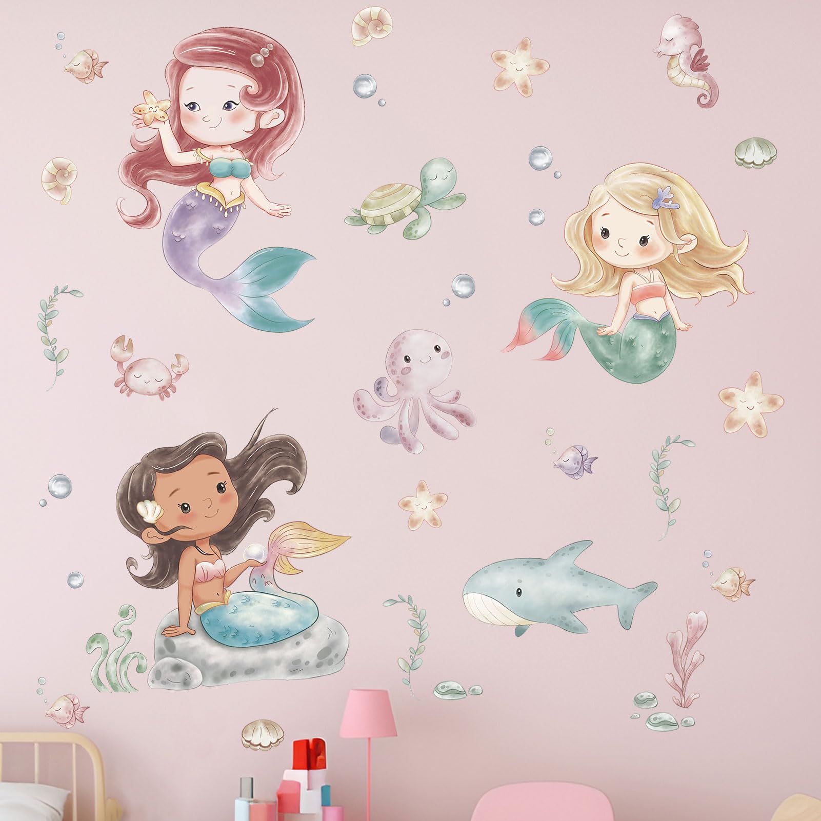 Amimagen Ocean Mermaid Wall Decals - Under The Sea Marine Fish Whale Turtle Seaweed Grass Wall Stickers - Bathroom Baby Kids Nursery Girls Bedroom Daycare Wall Decor