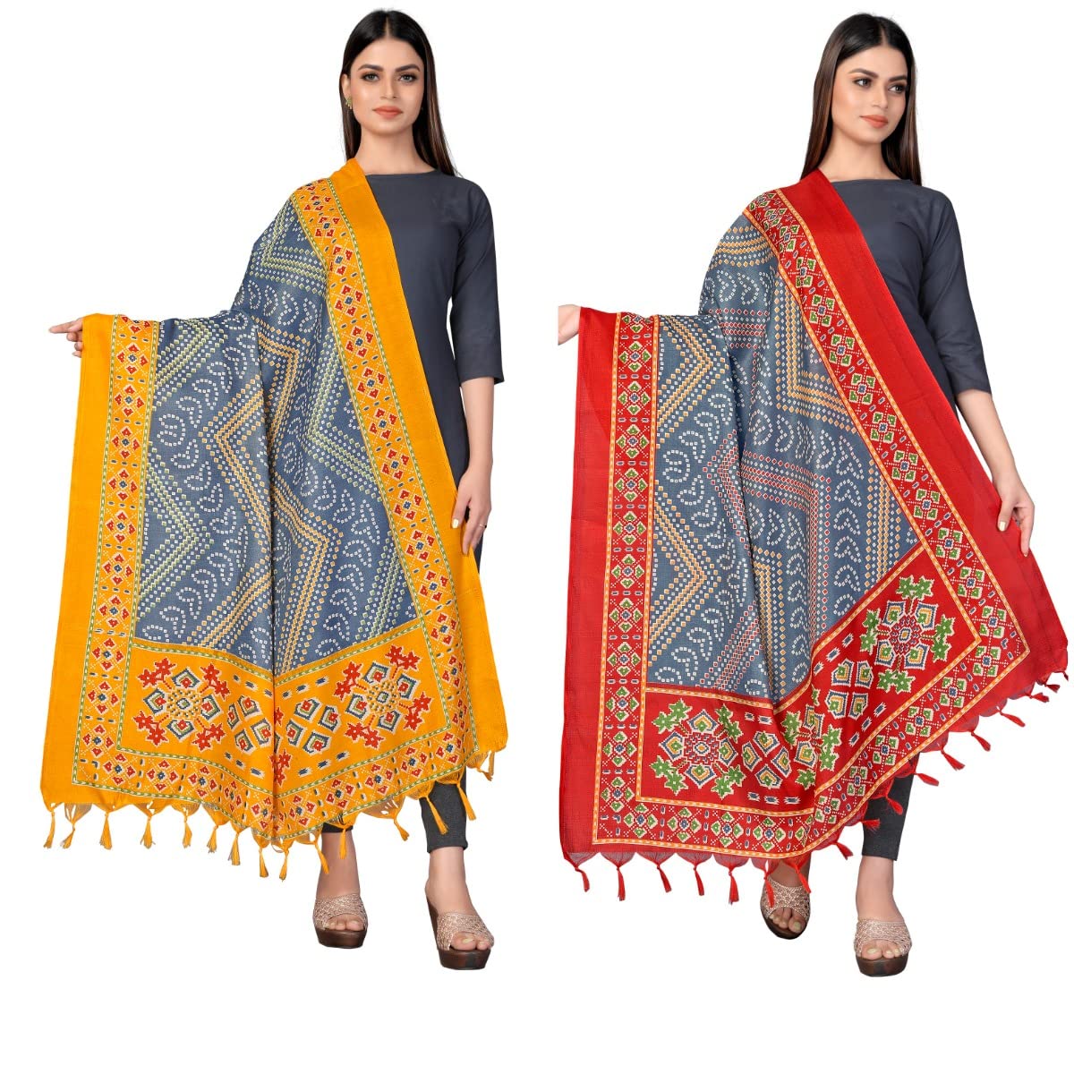 Sidhidata Women's Pack of 2 Printed Khadi Cotton Silk Dupatta With Tassels (2.25 Mtr_MultiColour)