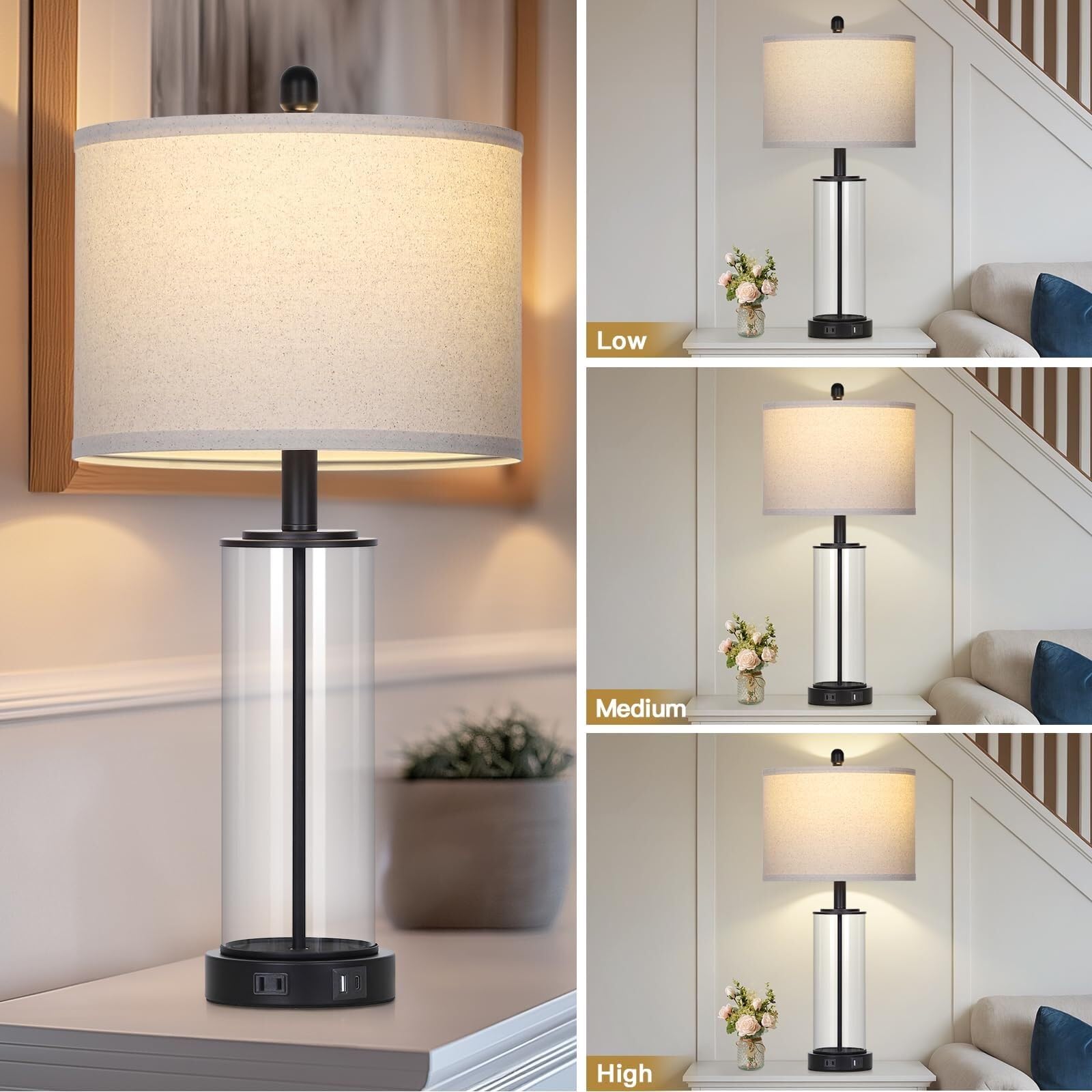 CCXXYGWJ Lampada in Vetro da 26" con Controllo Touch, Confezione da 2, dimmerabile a 3 Vie, con Porte USB C+A e Presa CA, Comodino, tavolino Adatto per Soggiorno, dormitorio, Ufficio,(Oro)