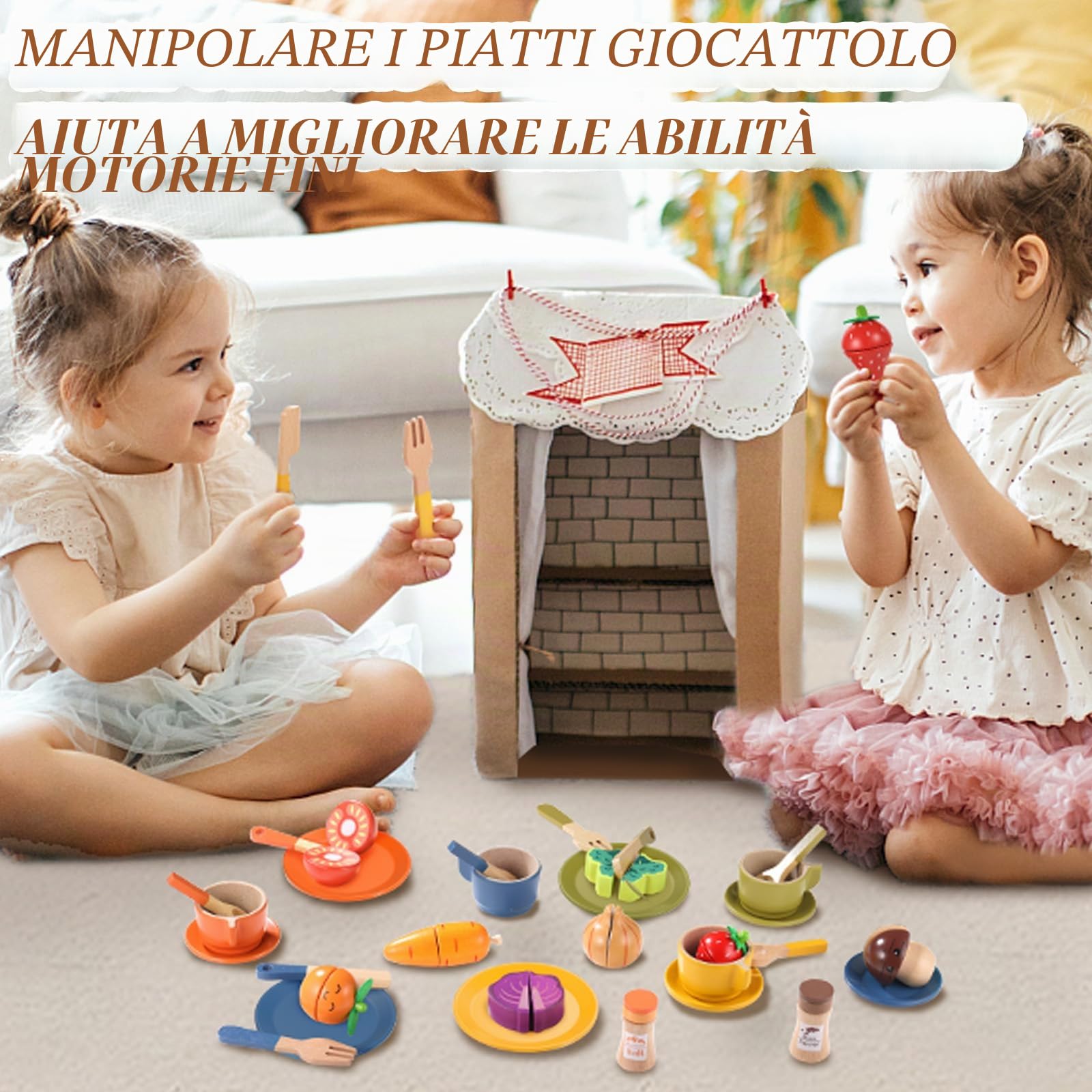 GAGAKU Set di cibo da gioco in legno per la cucina dei bambini, giocattoli Montessori in legno con piatti e piatti per bambini ragazzi e ragazze regali